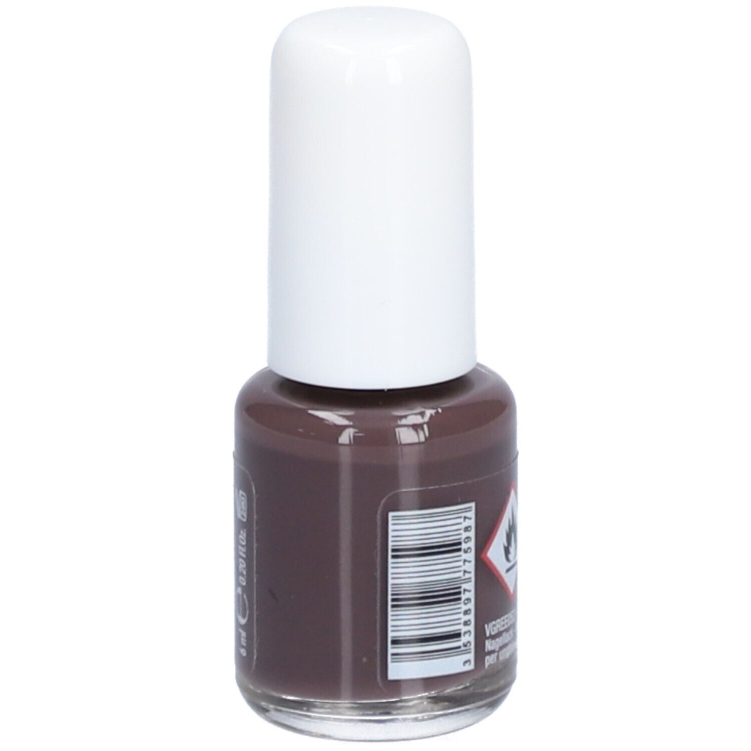 Flacon de vernis à ongles avec bouchon blanc. Couleur marron. Code-barres et avertissement.