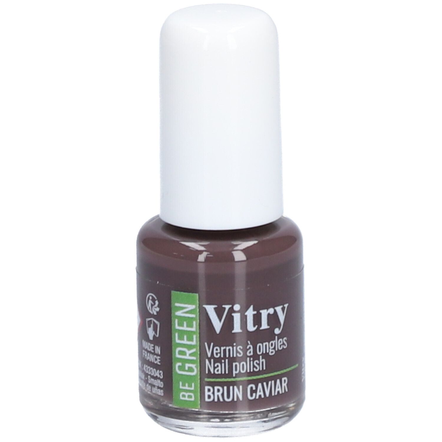 Flacon de vernis à ongles avec bouchon blanc. Inscription : Vitry, BE GREEN, BRUN CAVIAR. Couleur marron.