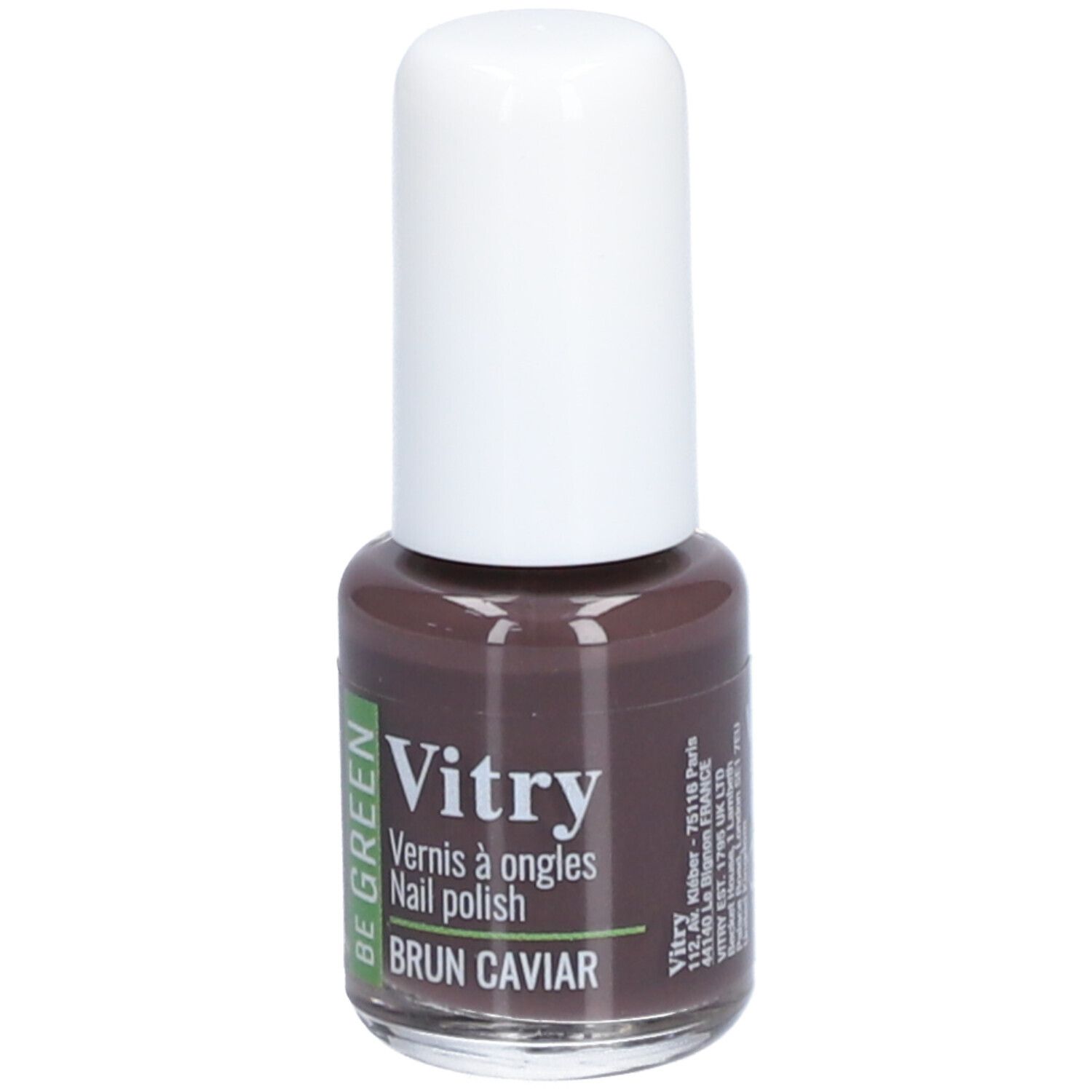 Flacon de vernis à ongles avec bouchon blanc. Inscription : Vitry, BE GREEN, BRUN CAVIAR. Couleur marron.