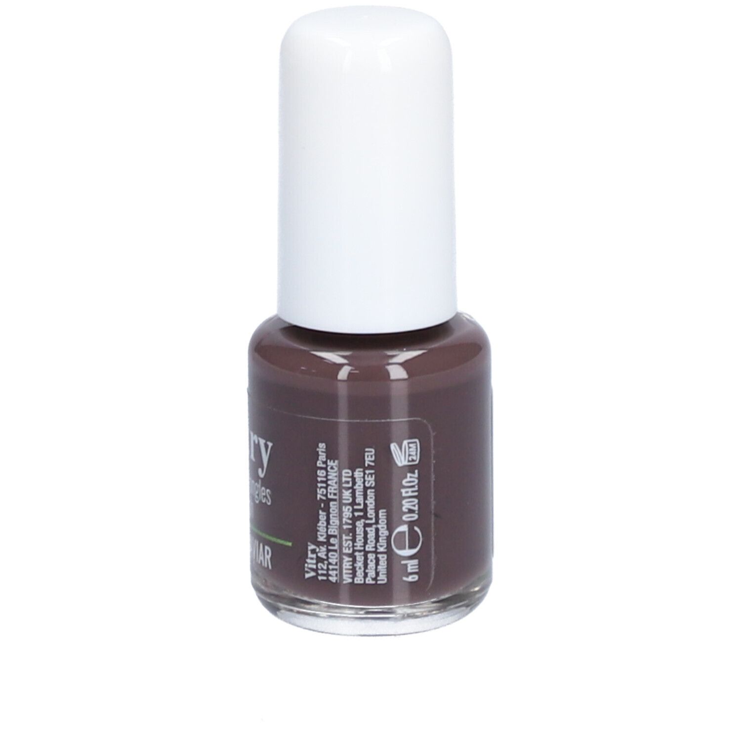 Flacon de vernis à ongles avec bouchon blanc. Inscription : Vitry, BRUN CAVIAR, 6 ml. Couleur marron.