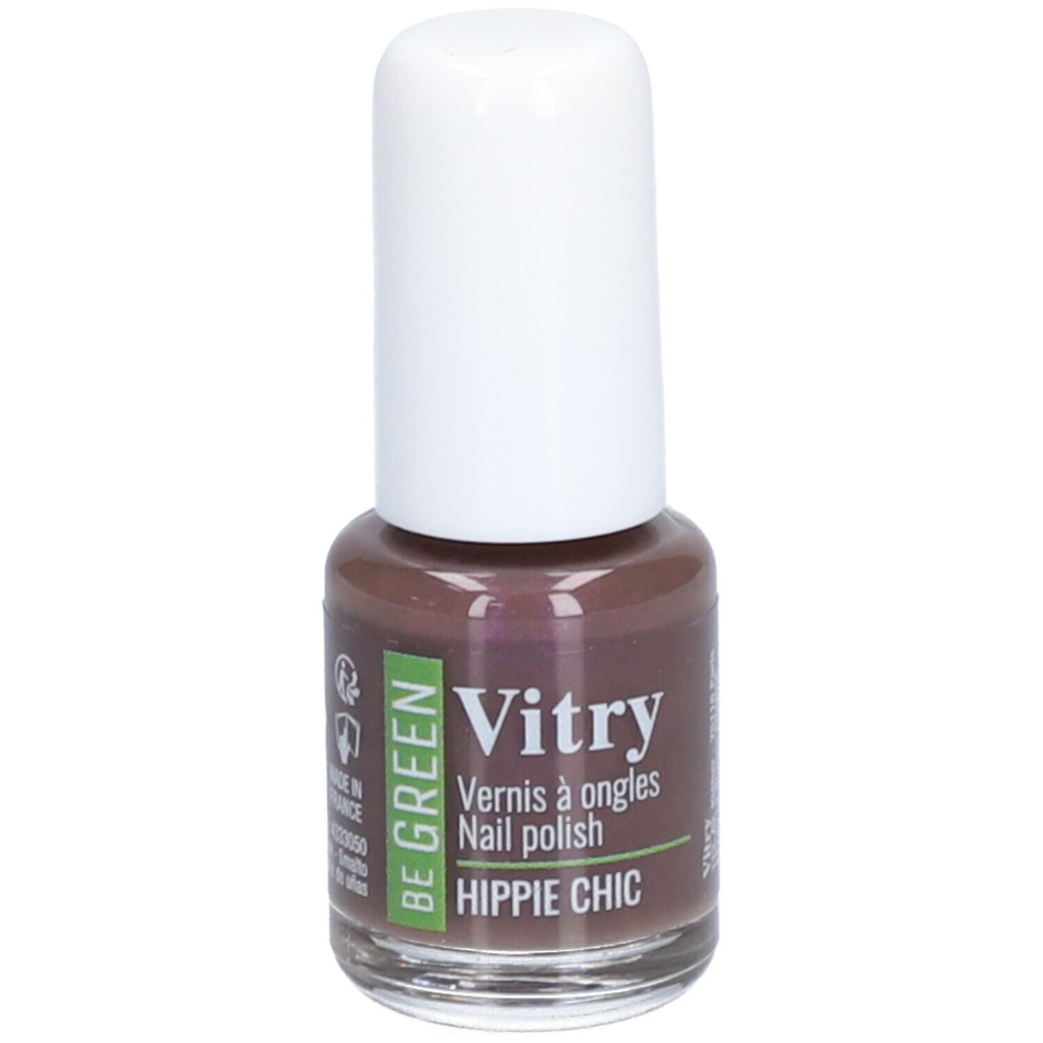 Flacon de vernis à ongles marron avec bouchon blanc. Inscription : Vitry, Hippie Chic, Be Green.