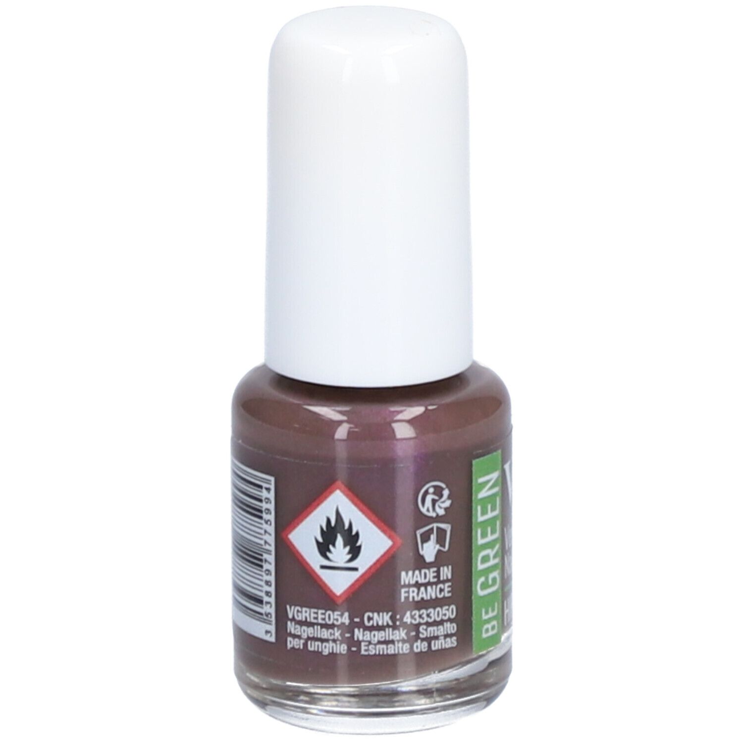 Flacon de vernis à ongles marron avec bouchon blanc. Inscription : Vitry, Be Green, Made in France. Avertissement.