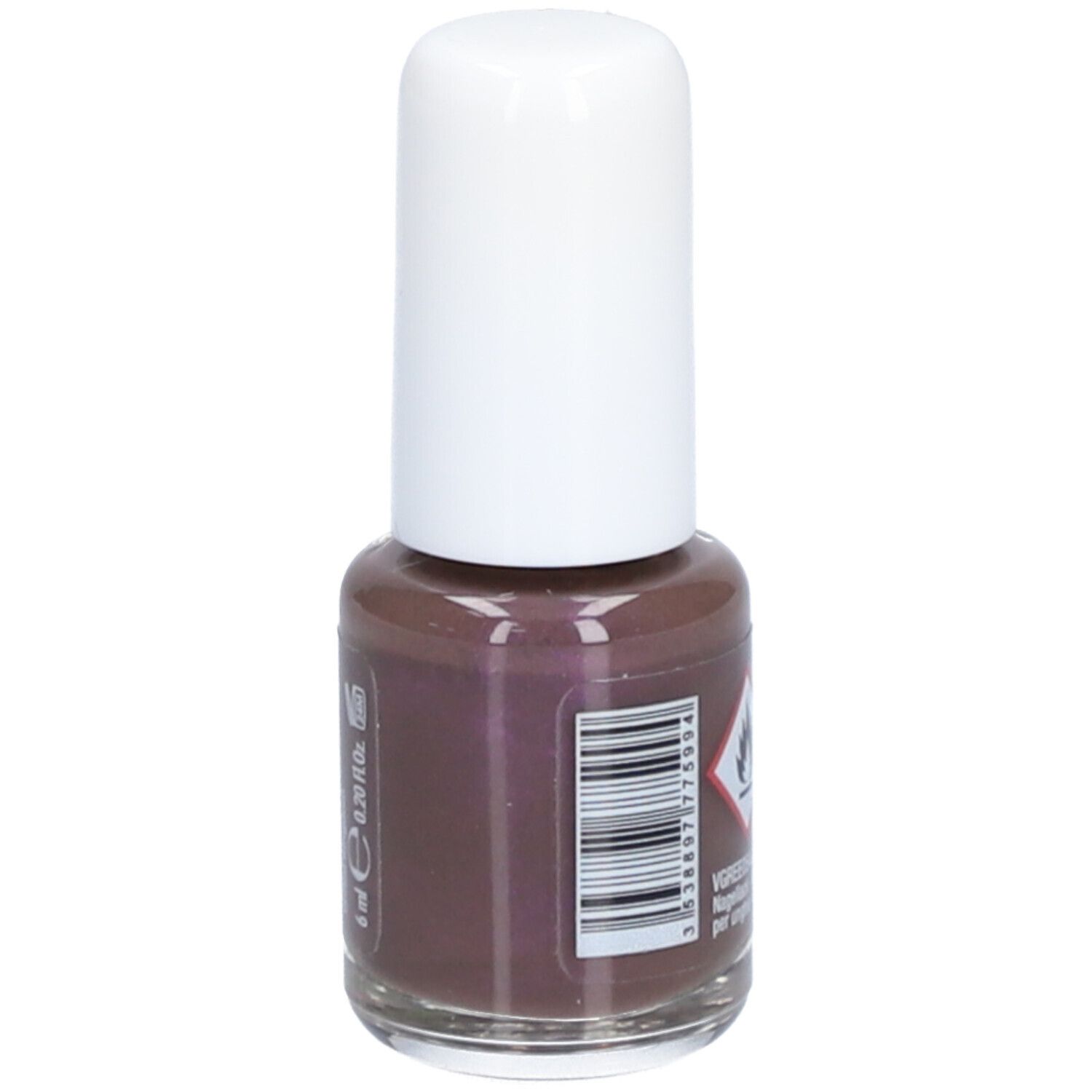 Flacon de vernis à ongles marron avec bouchon blanc. Inscription : 6 ml, avertissement, Made in France.