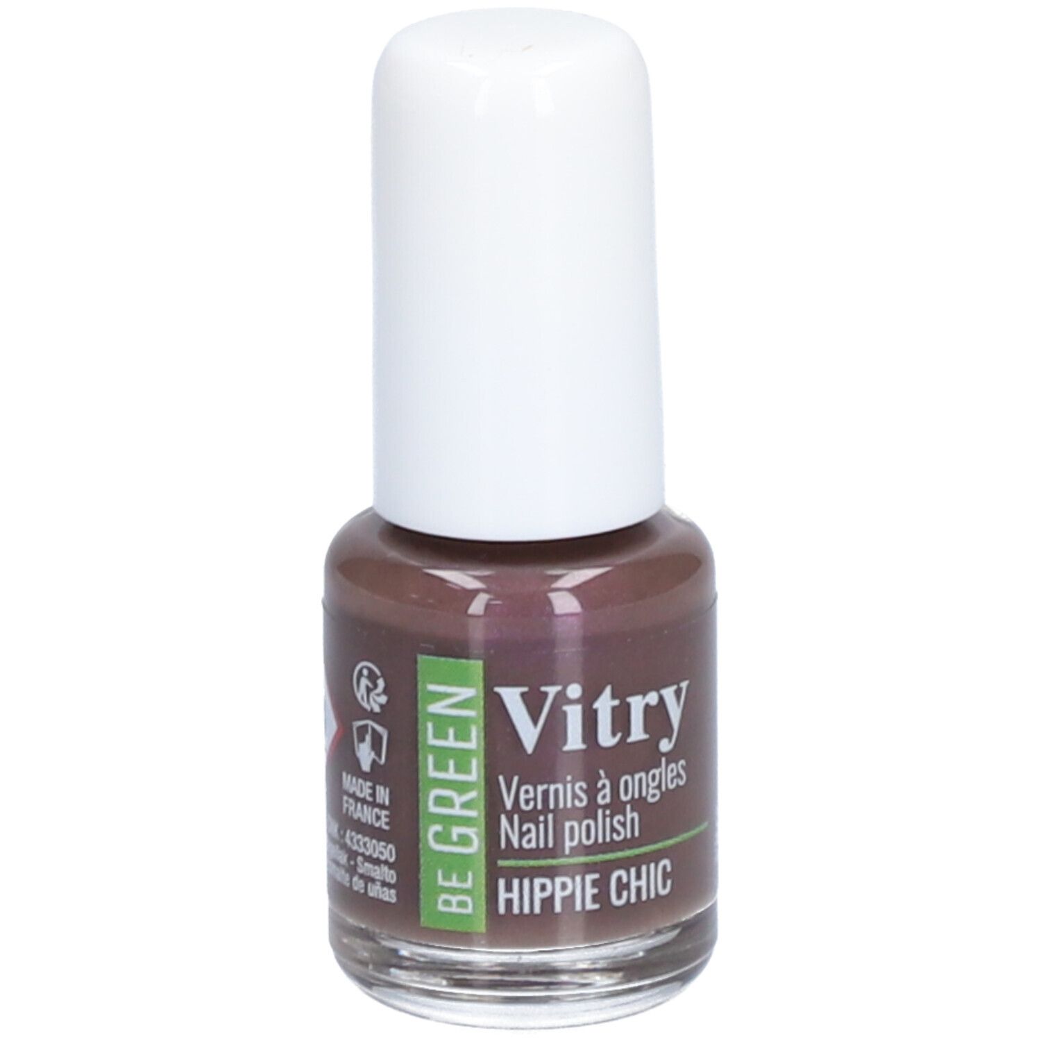 Flacon de vernis à ongles marron avec bouchon blanc. Inscription : Vitry, Hippie Chic, Be Green, Made in France.