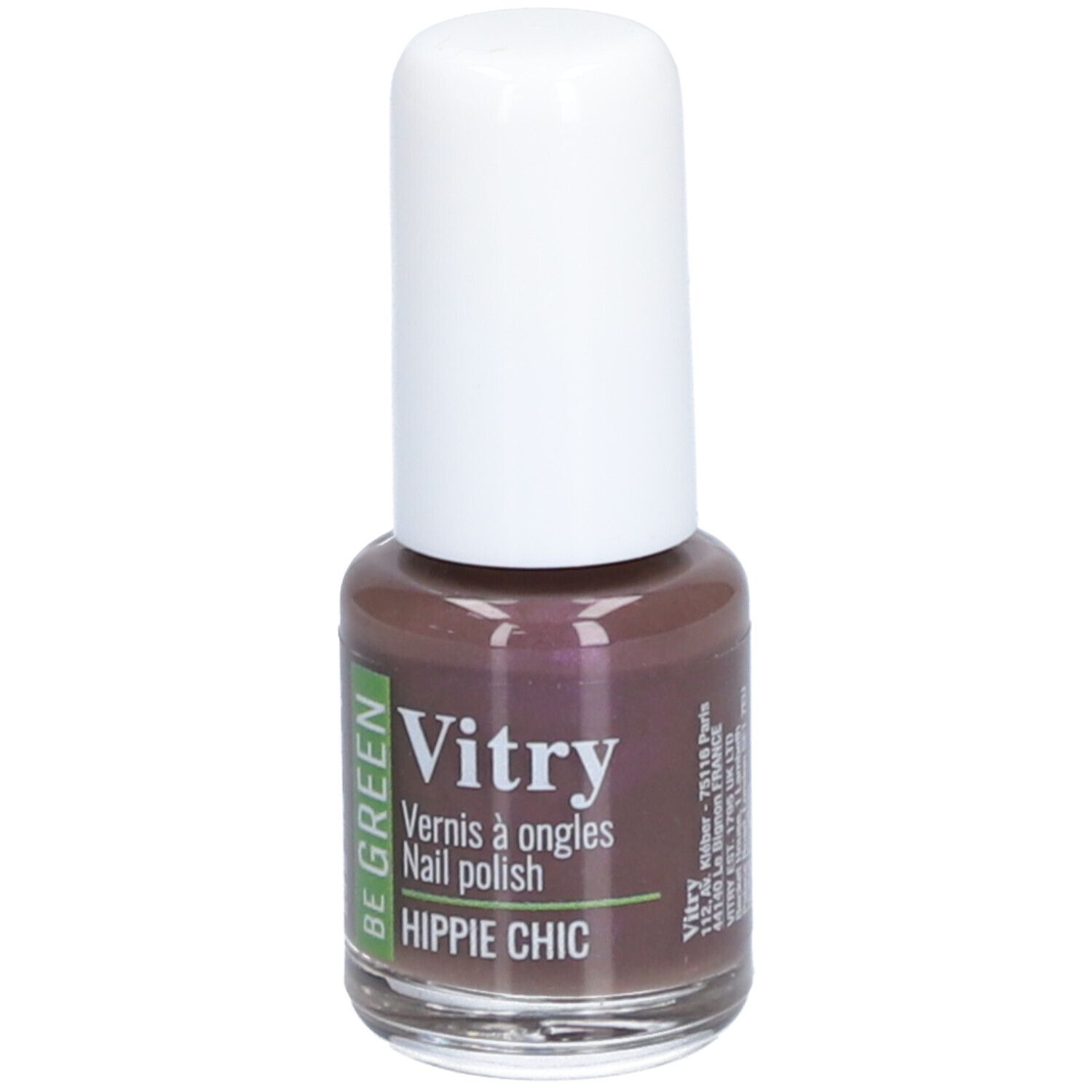 Flacon de vernis à ongles marron avec bouchon blanc. Inscription : Vitry, Hippie Chic, Be Green, Made in France.