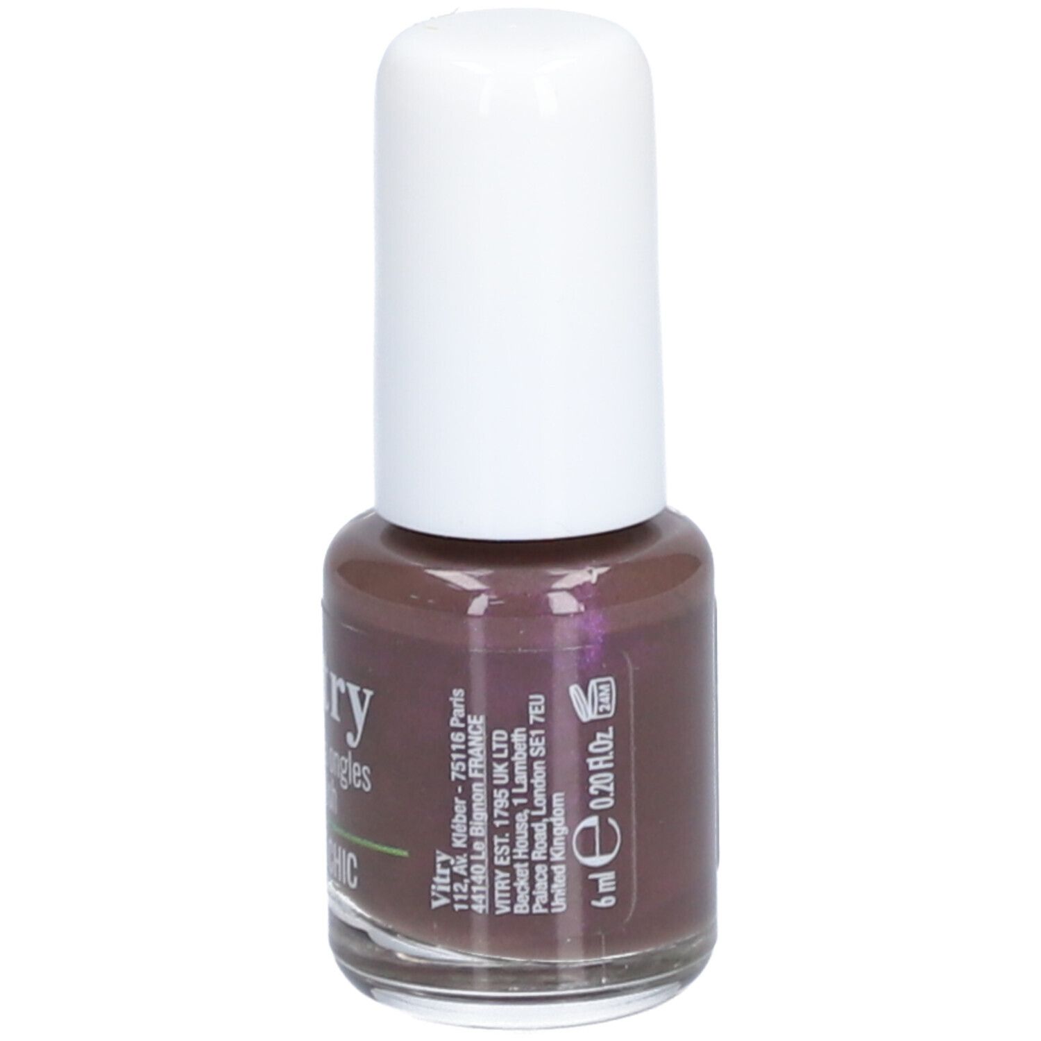 Flacon de vernis à ongles marron avec bouchon blanc. Inscription : Vitry, Hippie Chic, 6 ml, 0.20 fl.oz.