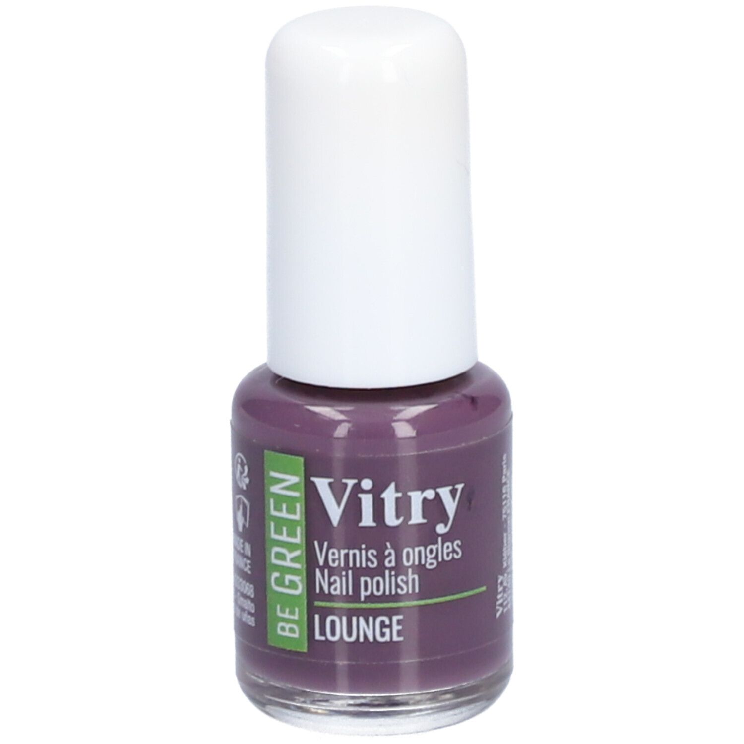 Paarse nagellakfles met witte dop. Opschrift: Vitry, BE GREEN, Lounge. Vernis à ongles, Nail polish.