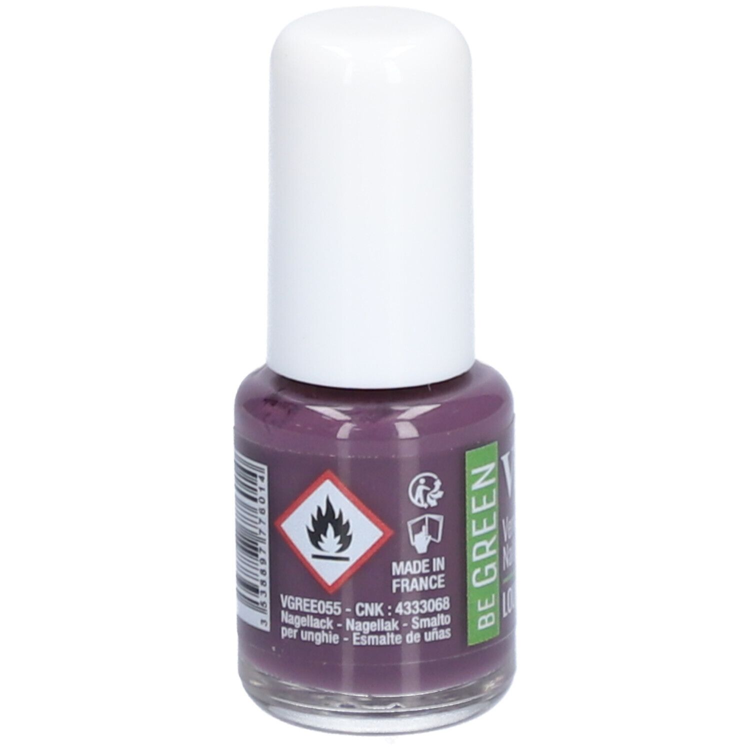 Paarse nagellakfles met witte dop. Opschrift: Vitry, BE GREEN. Waarschuwing. Made in France. VGRE055.