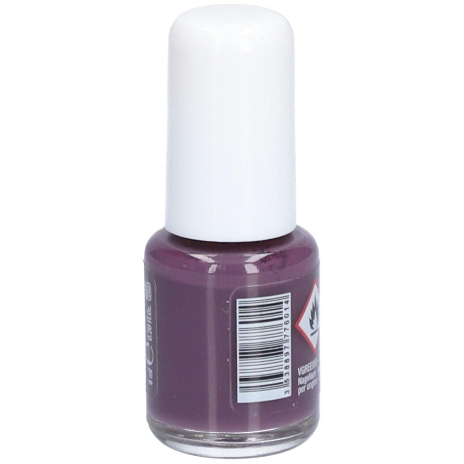 Paarse nagellakfles met witte dop. Streepjescode en waarschuwing. Opschrift: 6 ml.