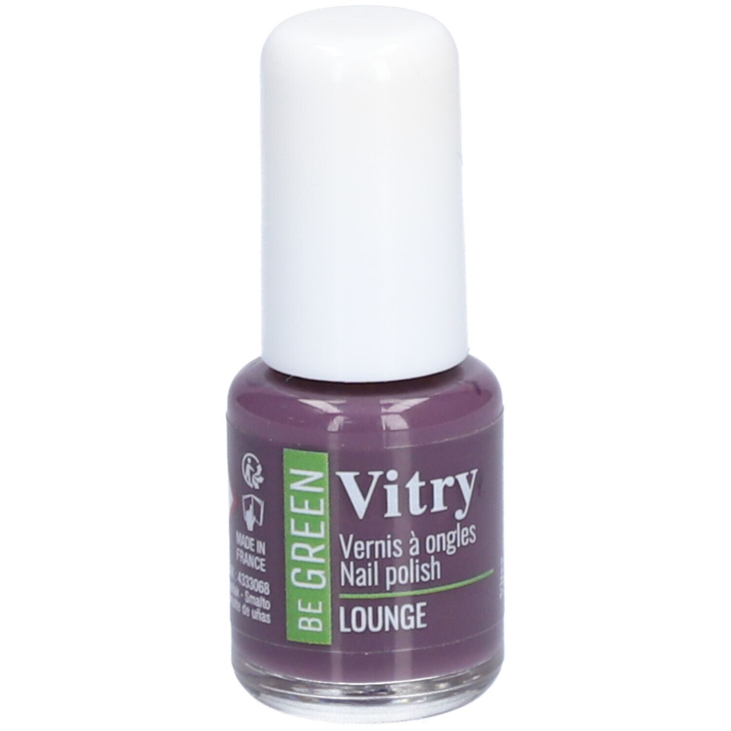 Paarse nagellakfles met witte dop. Opschrift: Vitry, BE GREEN, Lounge. Vernis à ongles, Nail polish. Made in France.