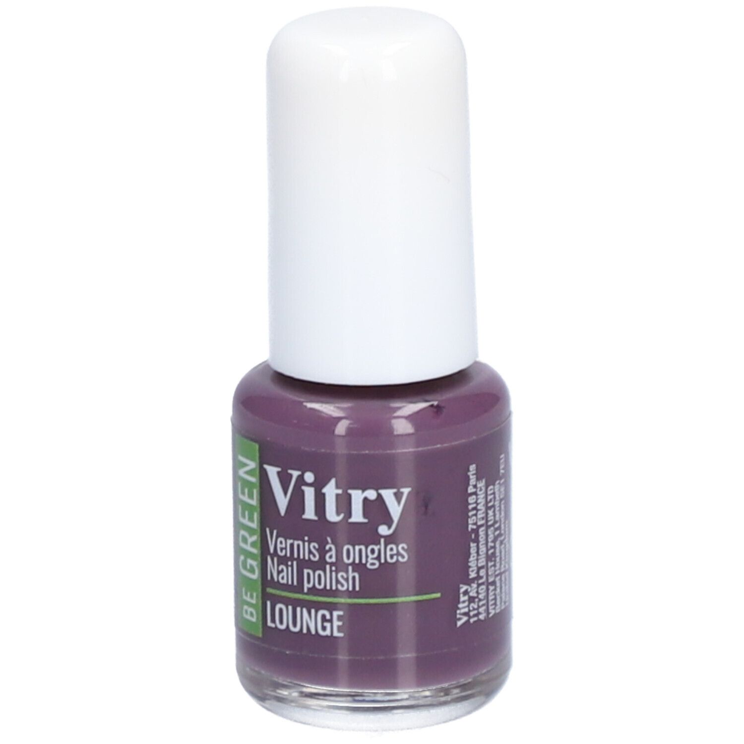 Paarse nagellakfles met witte dop. Opschrift: Vitry, BE GREEN, Lounge. Vernis à ongles, Nail polish. Adres.