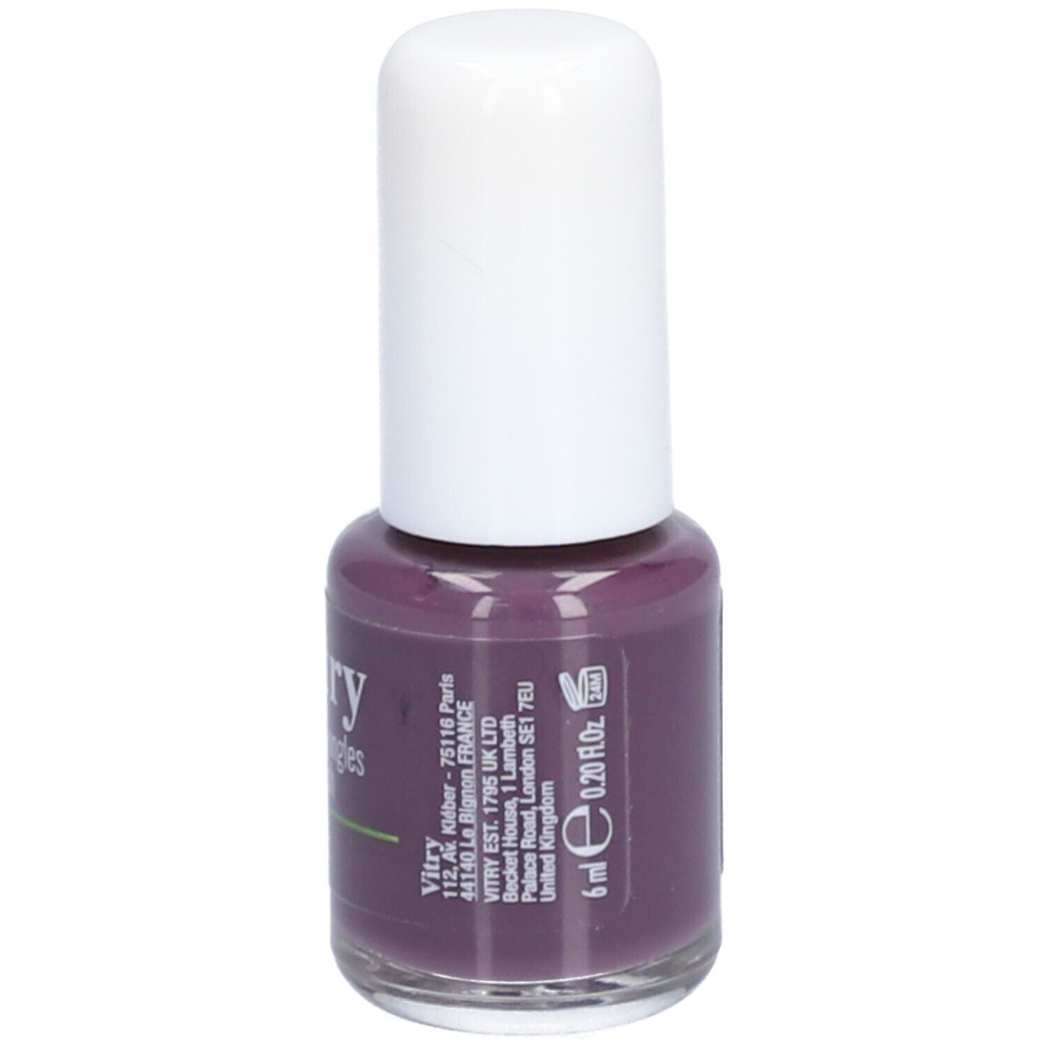Paarse nagellakfles met witte dop. Opschrift: Vitry, 6 ml, 0.20 fl.oz. Adres. Made in UK.