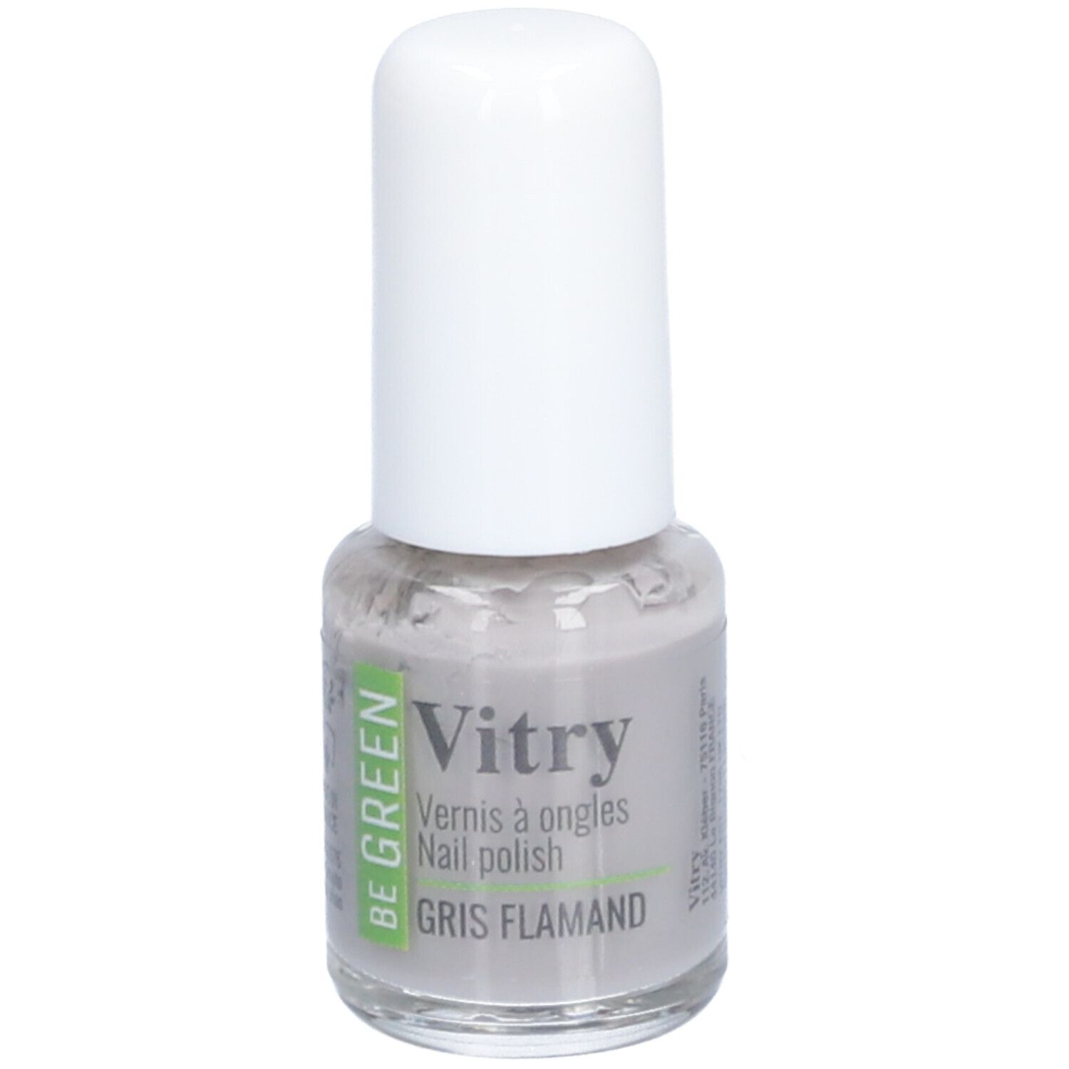 Nagellakfles met witte dop. Opschrift: Vitry, BE GREEN, Gris Flamand. Grijze nagellak.