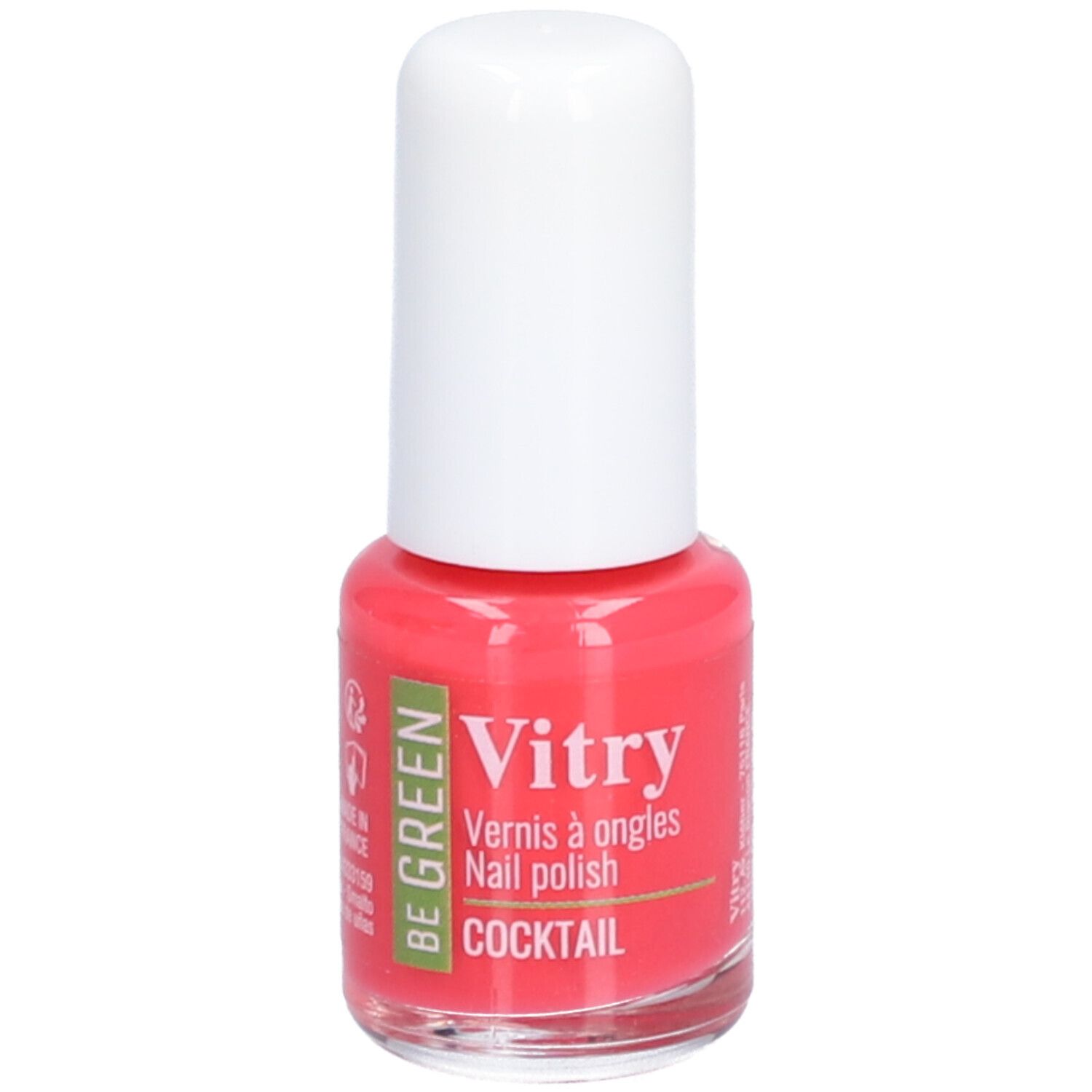 Roze nagellakfles. Witte dop. Opschrift: Vitry, BE GREEN, Cocktail.