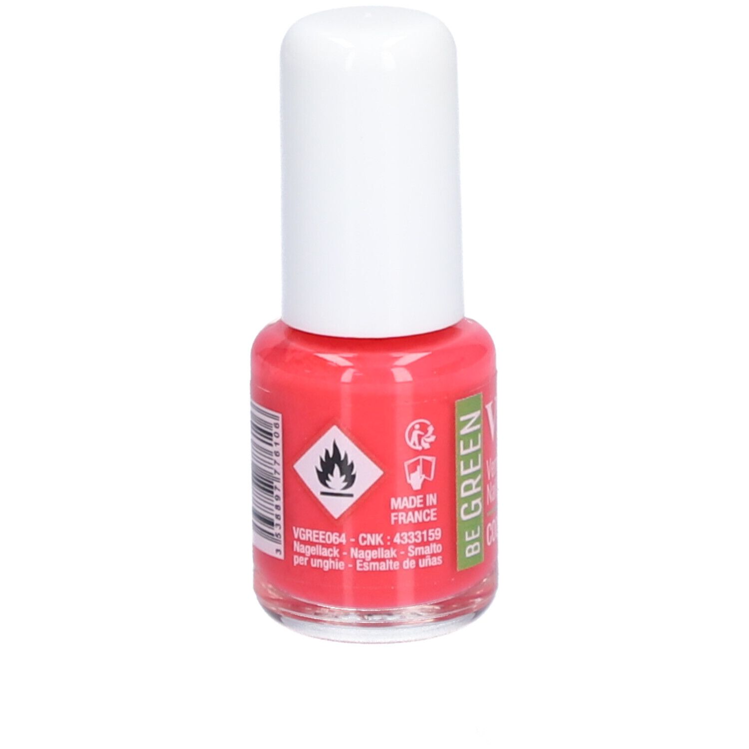 Roze nagellakfles. Witte dop. Opschrift: Vitry, BE GREEN. Achterkant met waarschuwingssymbolen en barcode.
