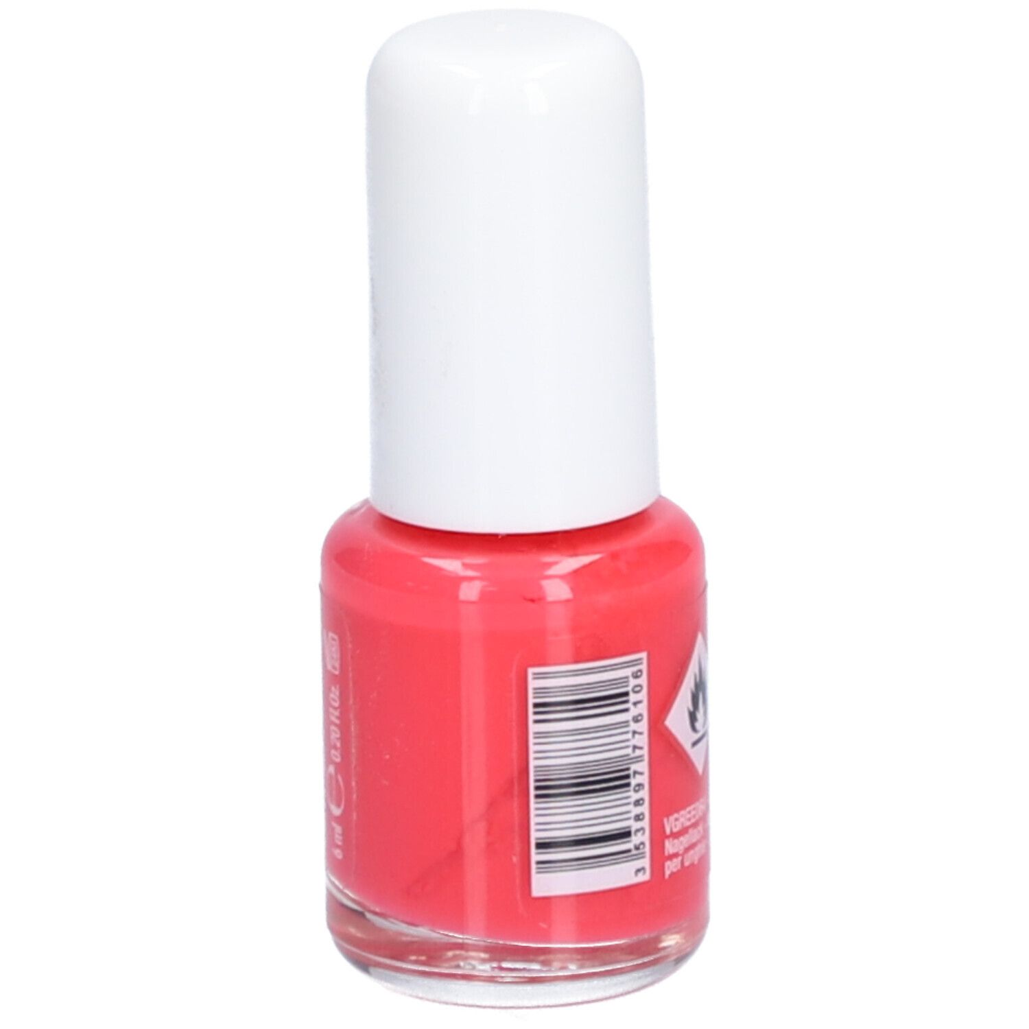 Roze nagellakfles. Witte dop. Achterkant met barcode en waarschuwingssymbool.