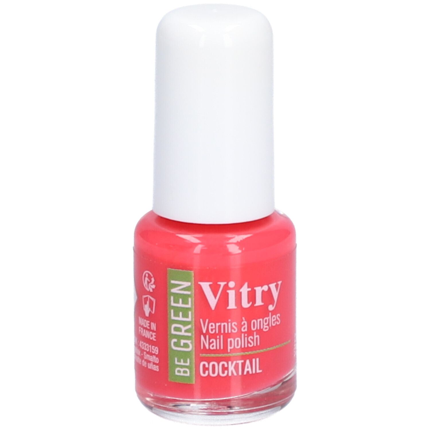 Roze nagellakfles. Witte dop. Opschrift: Vitry, BE GREEN, Cocktail. Achterkant met waarschuwingssymbolen.
