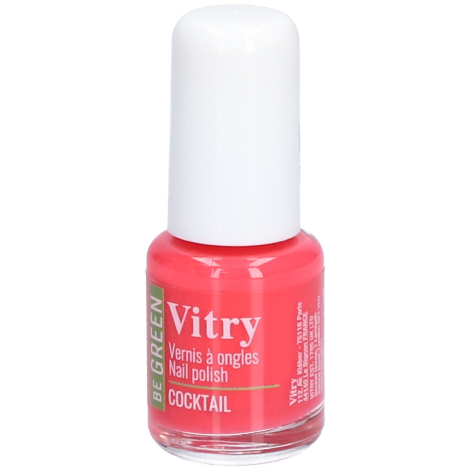 Roze nagellakfles. Witte dop. Opschrift: Vitry, BE GREEN, Cocktail. Achterkant met waarschuwingssymbolen.