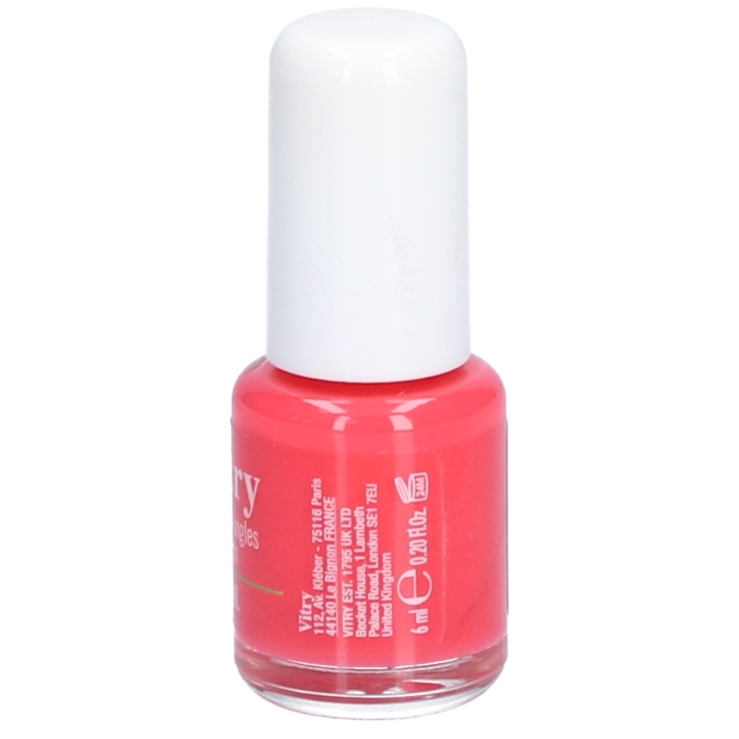 Roze nagellakfles. Witte dop. Opschrift: Vitry, BE GREEN, 6 ml. Achterkant met informatie.