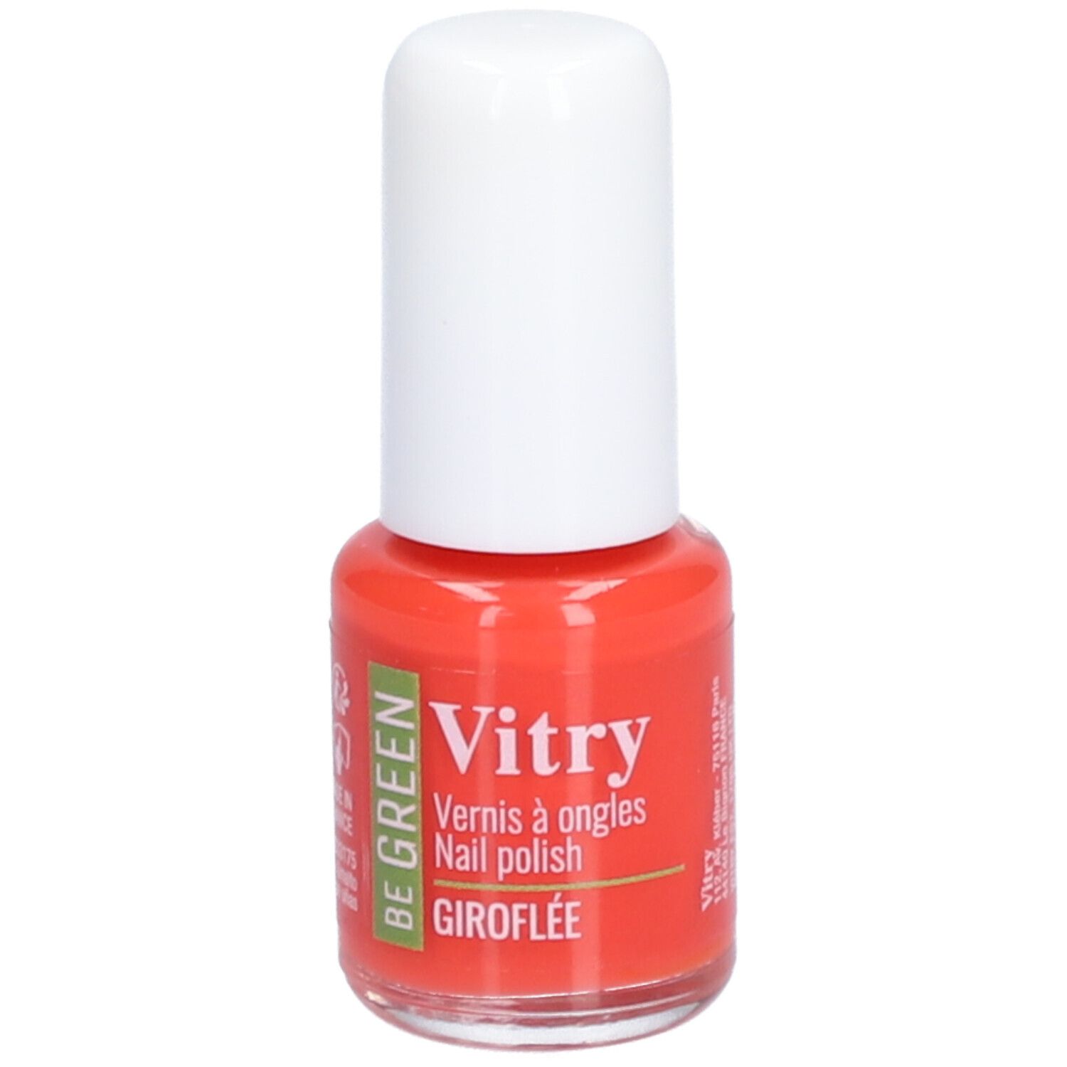 Nagellakflesje met witte dop. Opschrift: Vitry, BE GREEN, GIROFLÉE. Kleur: koraal.
