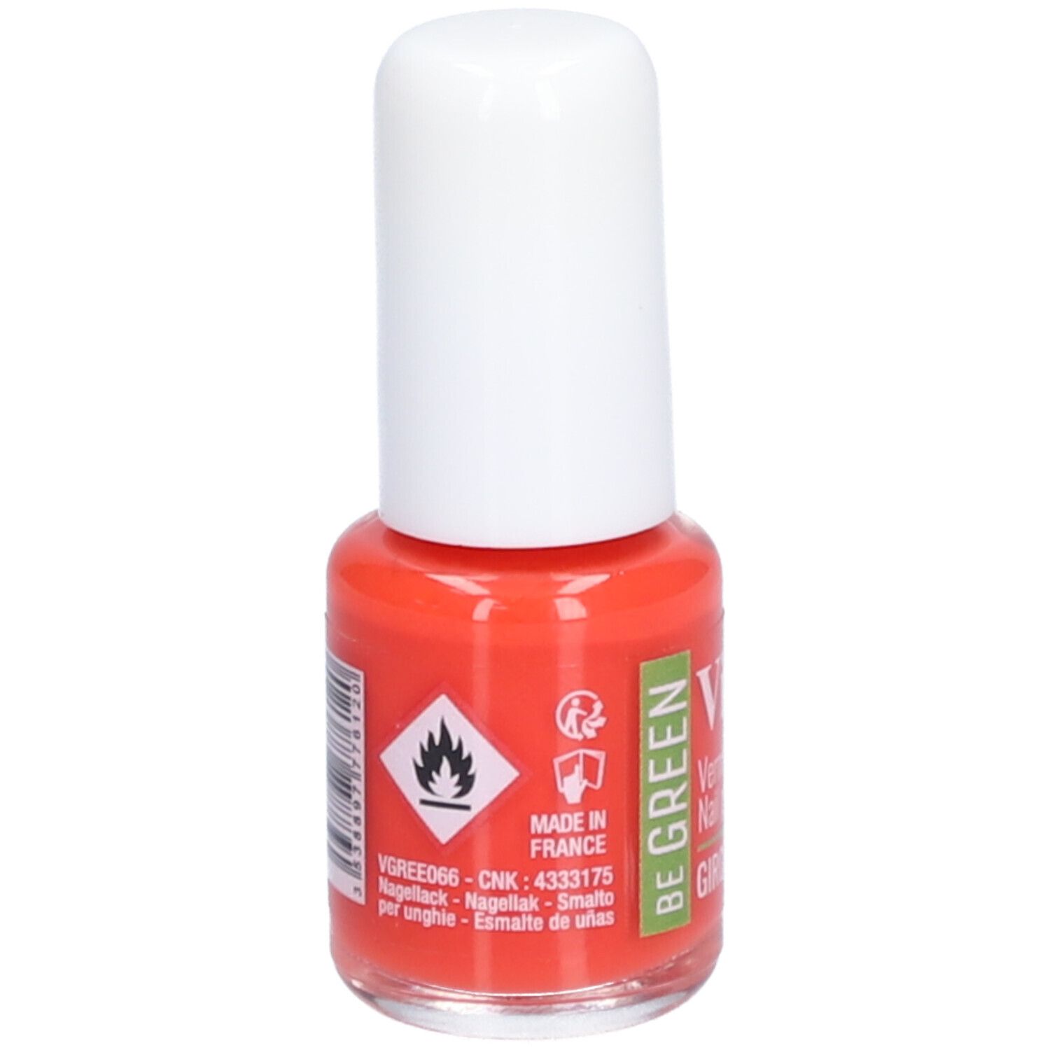Nagellakflesje met witte dop. Opschrift: Vitry, BE GREEN, GIROFLÉE. Met waarschuwingssymbolen en land van herkomst.