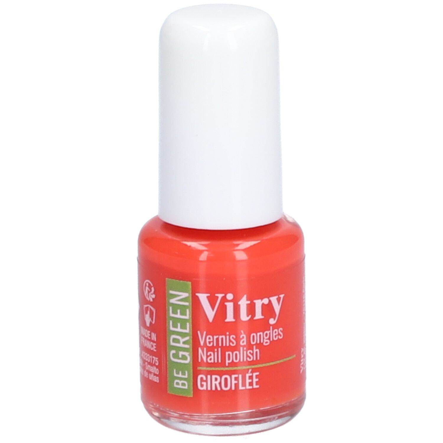 Nagellakflesje met witte dop. Opschrift: Vitry, BE GREEN, GIROFLÉE. Met milieukeurmerk.