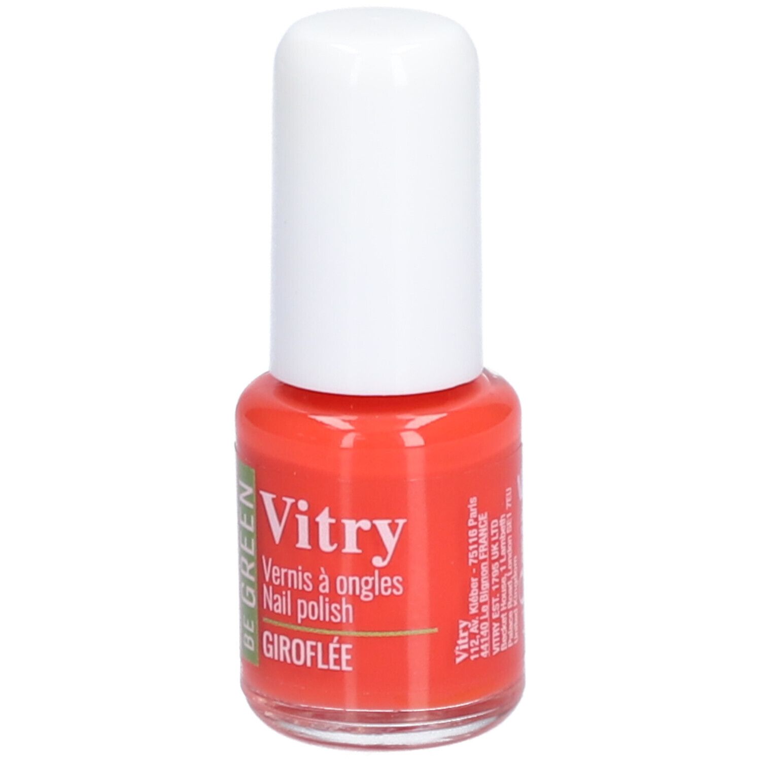 Nagellakflesje met witte dop. Opschrift: Vitry, BE GREEN, GIROFLÉE. Met adres en contactgegevens.