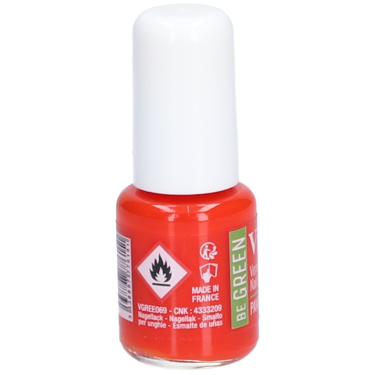 Flacon de vernis à ongles rouge avec bouchon blanc. Autocollant avec symboles d'avertissement et texte. Fabriqué en France.