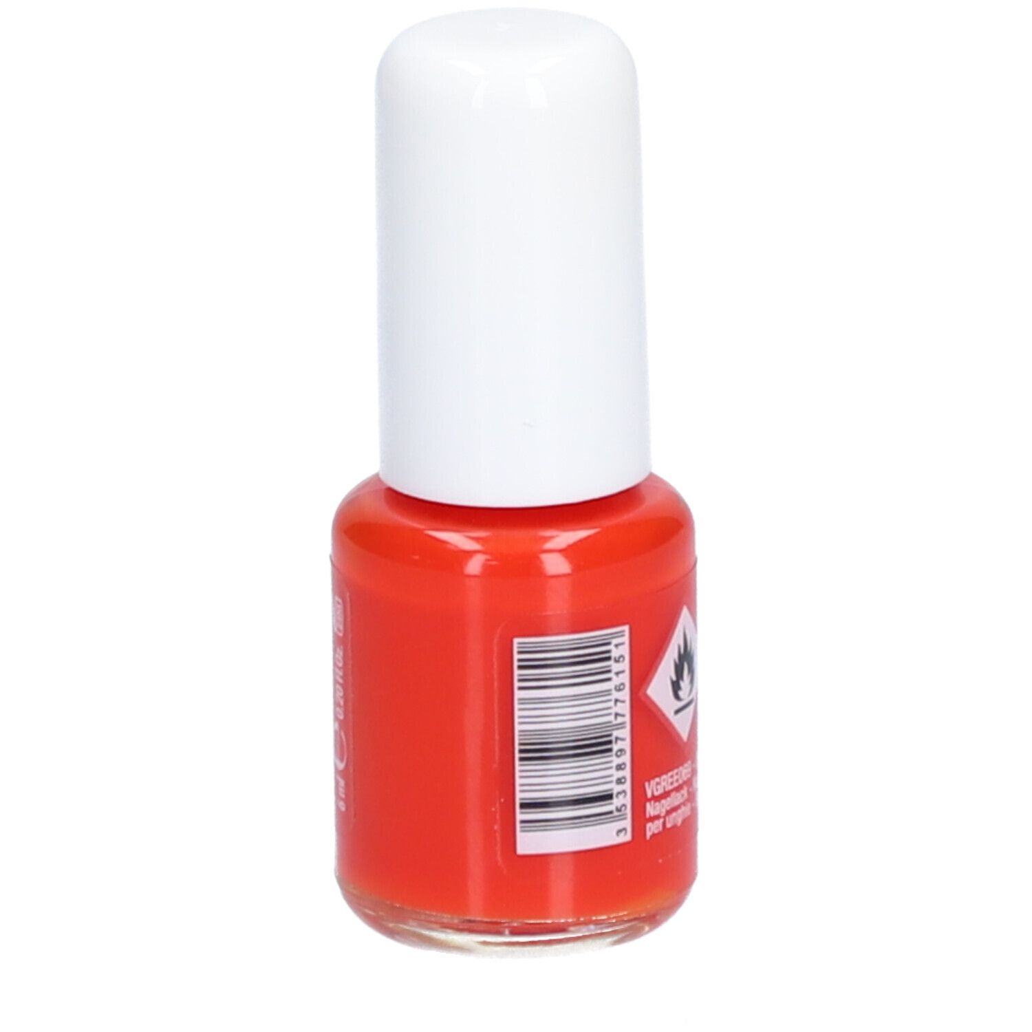 Flacon de vernis à ongles rouge avec bouchon blanc. Arrière avec symboles d'avertissement et texte.