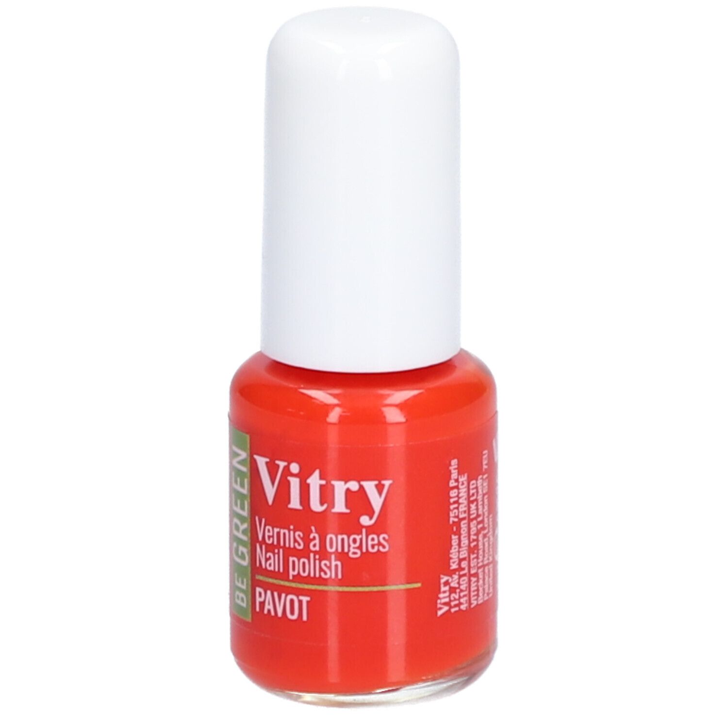 Flacon de vernis à ongles rouge avec bouchon blanc. Inscription : Vitry, Vernis à ongles, Nail polish, Pavot.