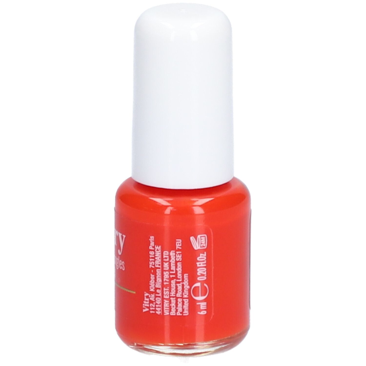 Flacon de vernis à ongles rouge avec bouchon blanc. Inscription : Vitry, 6 ml, 0.20 fl oz.
