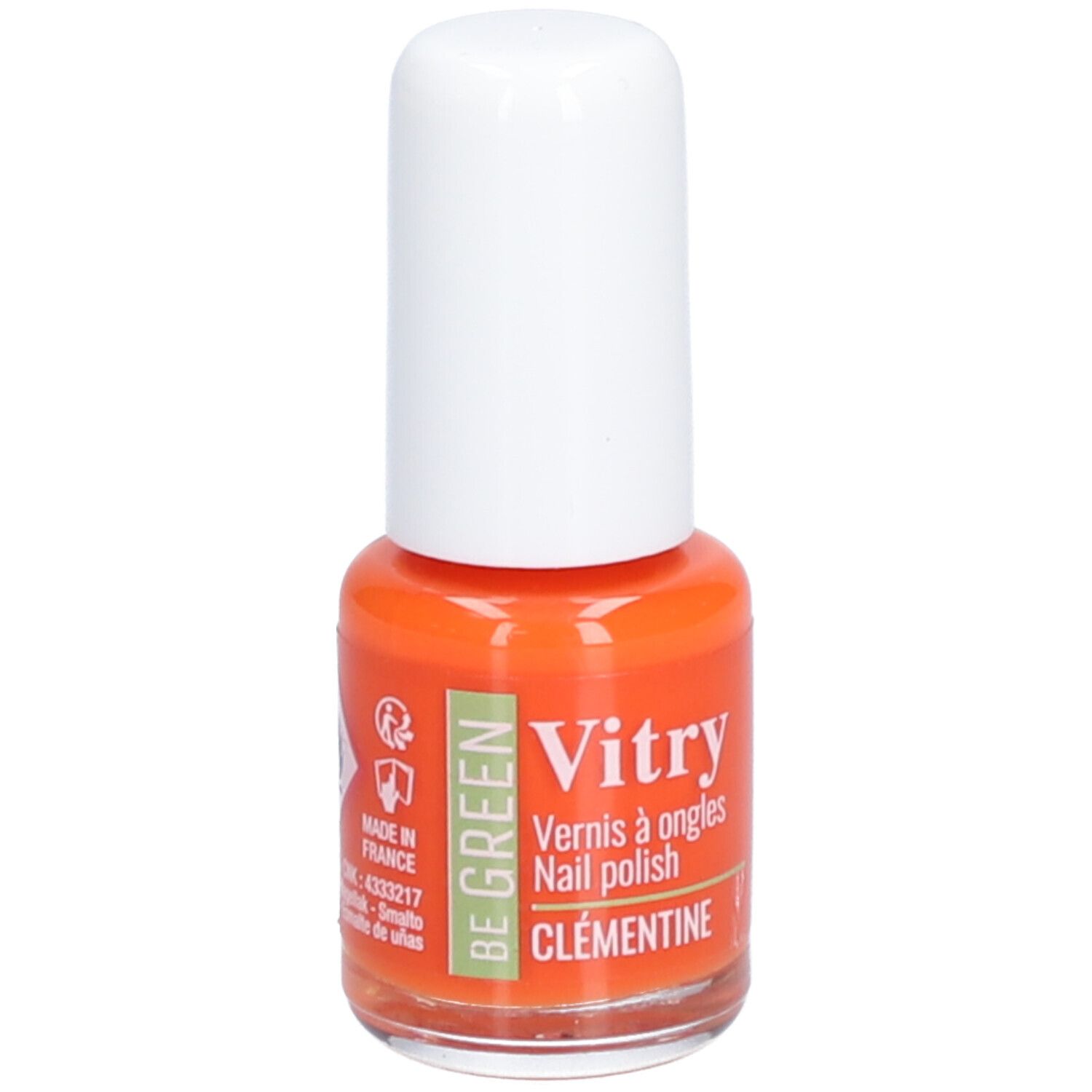 Flacon de vernis à ongles orange avec bouchon blanc. Inscription : Vitry, Be Green, Clémentine, Fabriqué en France.