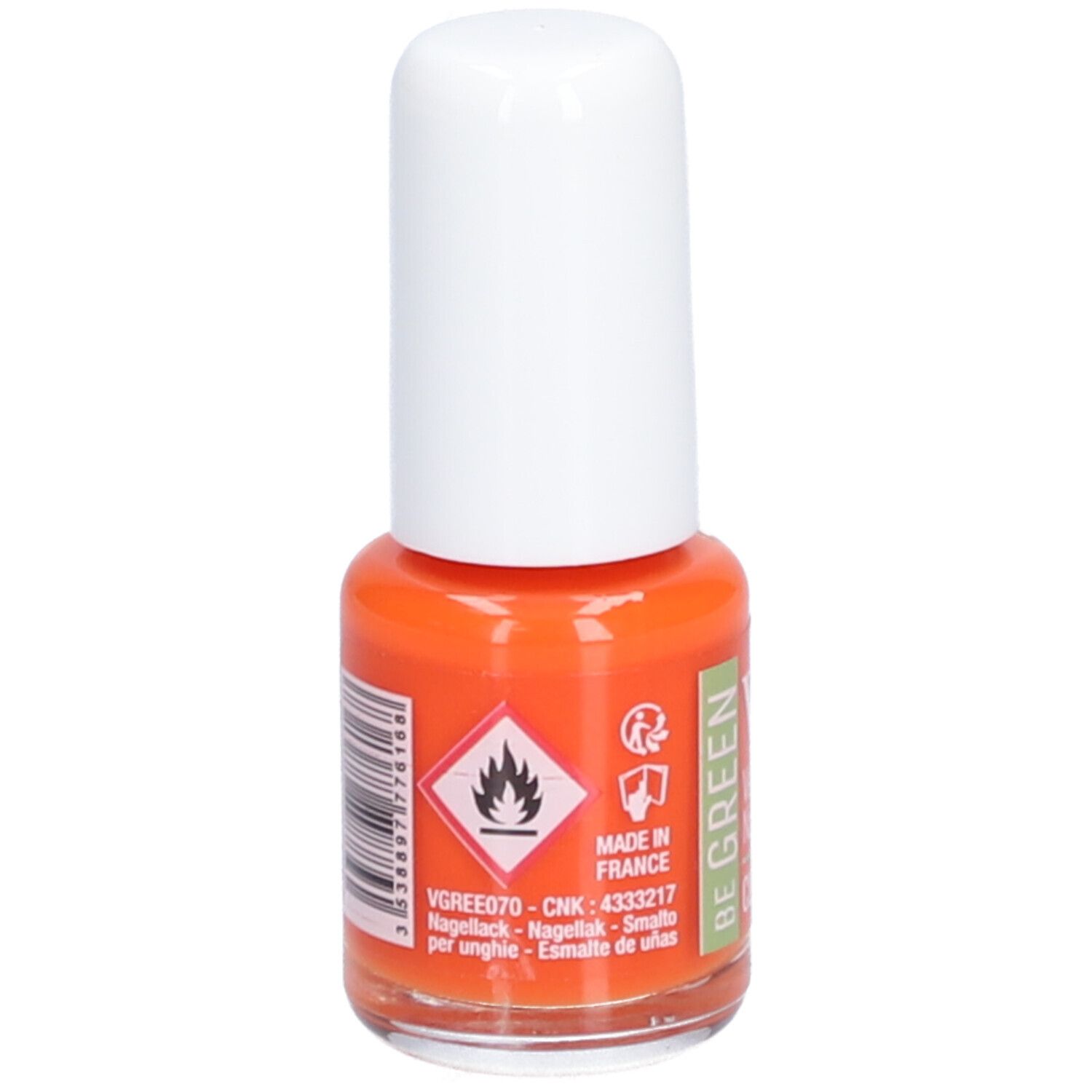 Flacon de vernis à ongles orange avec bouchon blanc. Inscription : Be Green, Fabriqué en France. Symbole de danger.