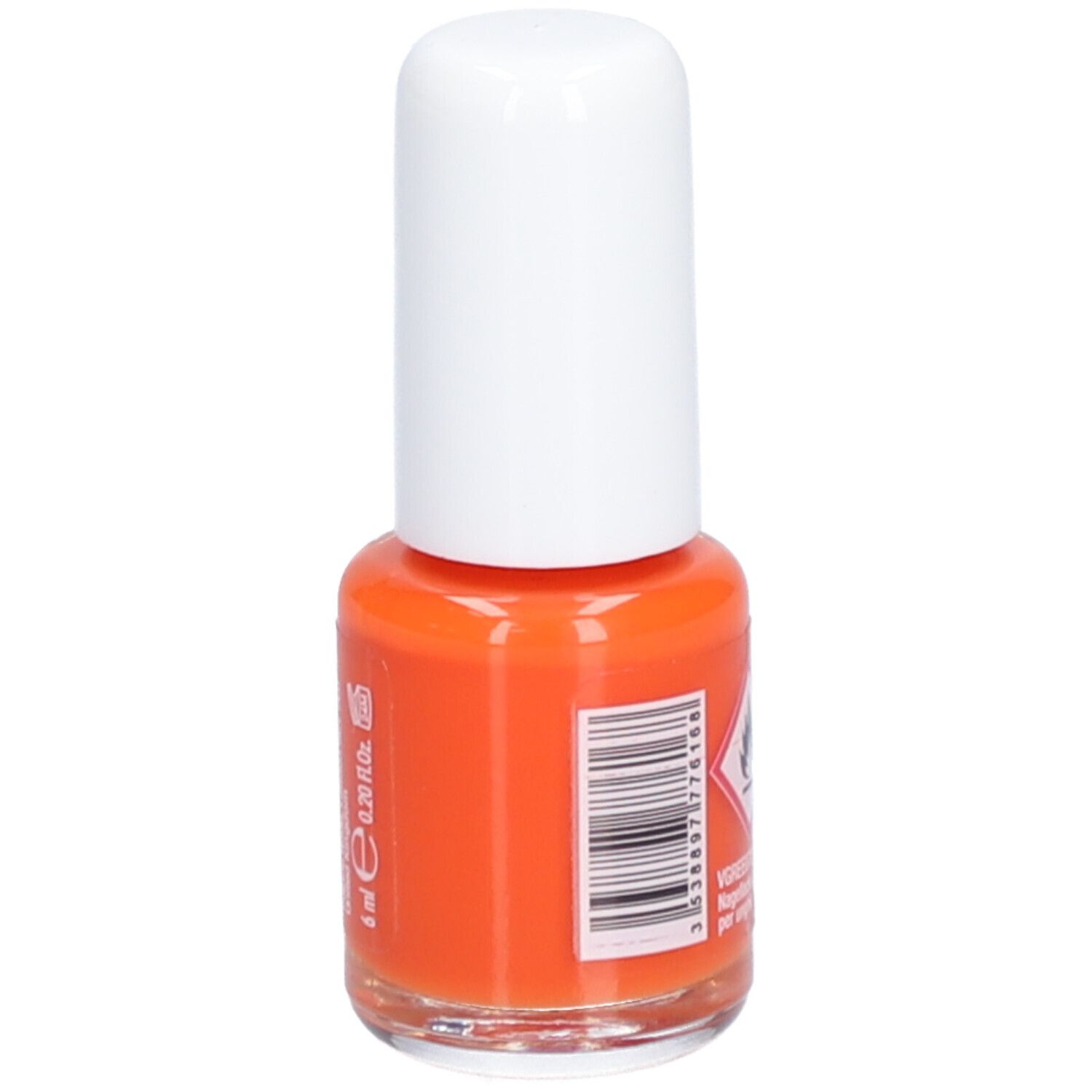 Flacon de vernis à ongles orange avec bouchon blanc. Inscription : 6 ml, 0,20 fl.oz. Code-barres.