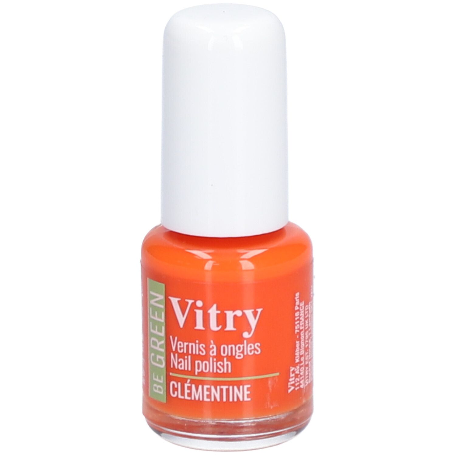 Flacon de vernis à ongles orange avec bouchon blanc. Inscription : Vitry, Vernis à ongles, Clémentine.