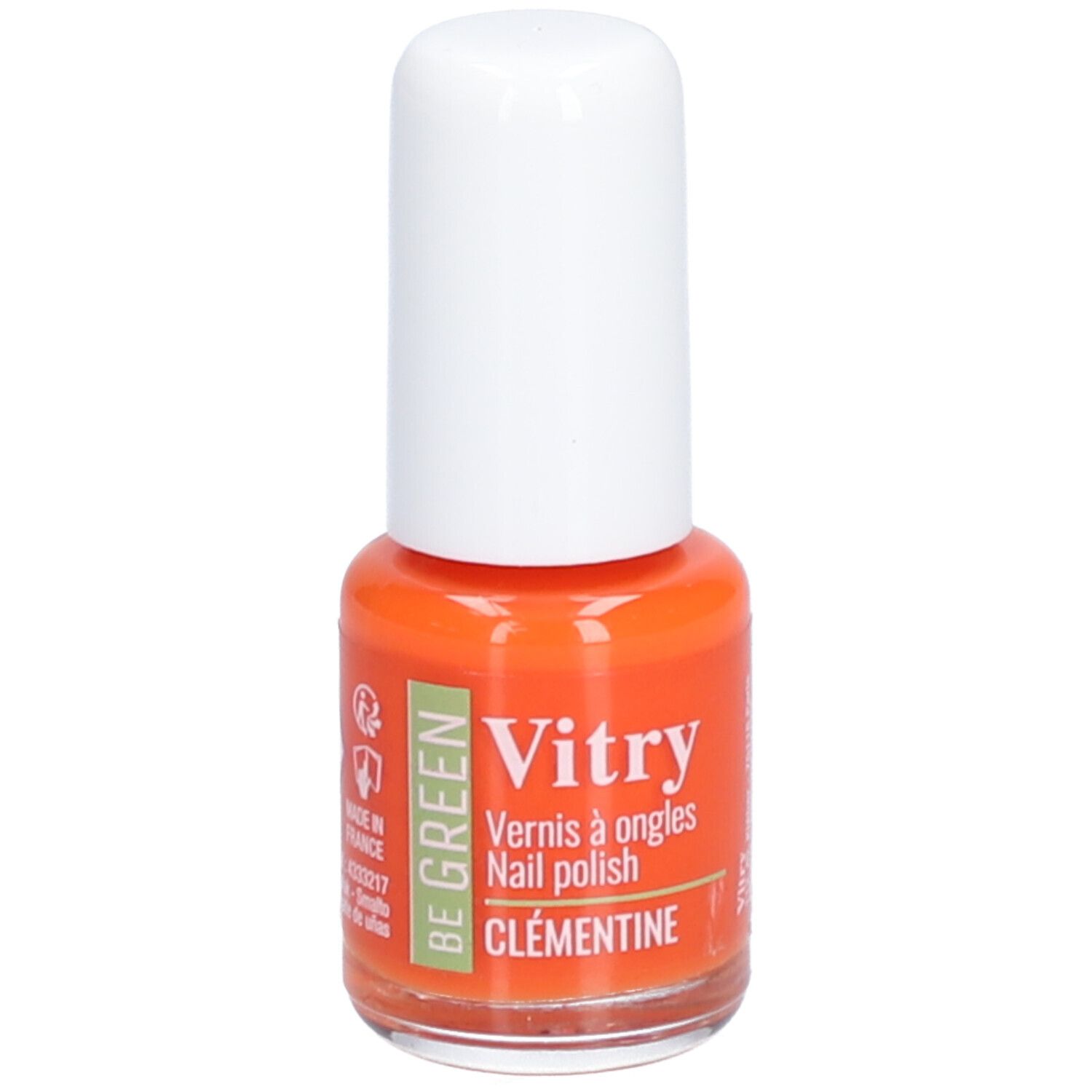 Flacon de vernis à ongles orange avec bouchon blanc. Inscription : Vitry, 6 ml, 0,20 fl.oz. Adresse.