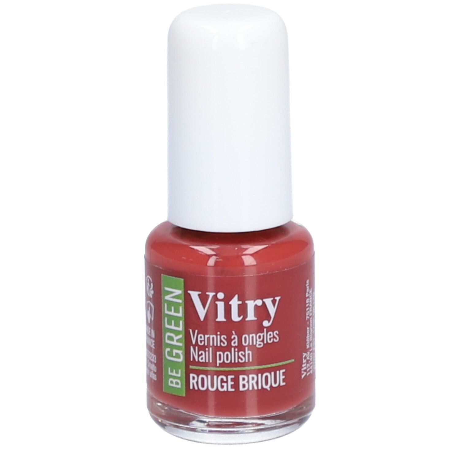 Nagellakflesje met witte dop. Opschrift: Vitry, BE GREEN, Rouge Brique. Rode nagellak.