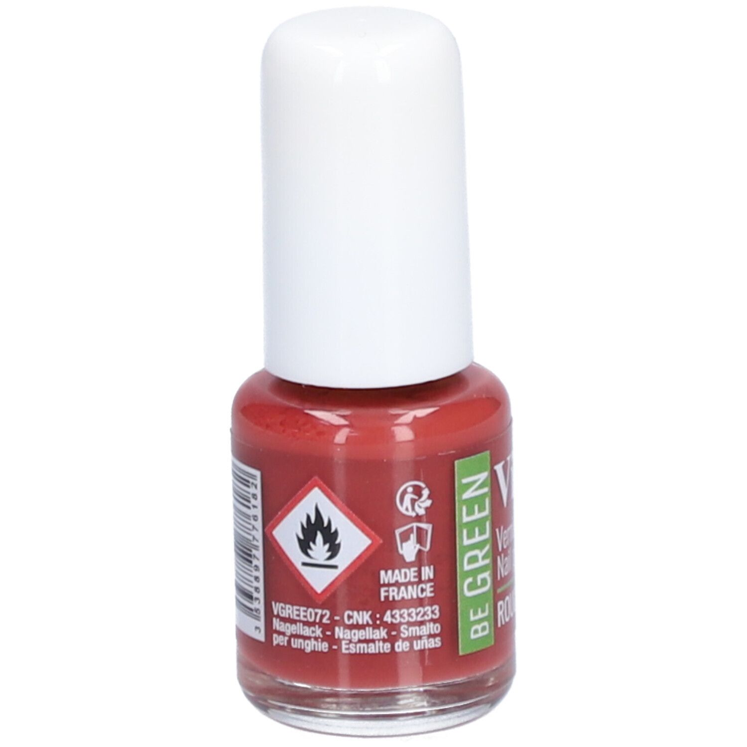 Nagellakflesje met witte dop. Rode nagellak. Opschrift: BE GREEN, Made in France. Gevaarsymbool.