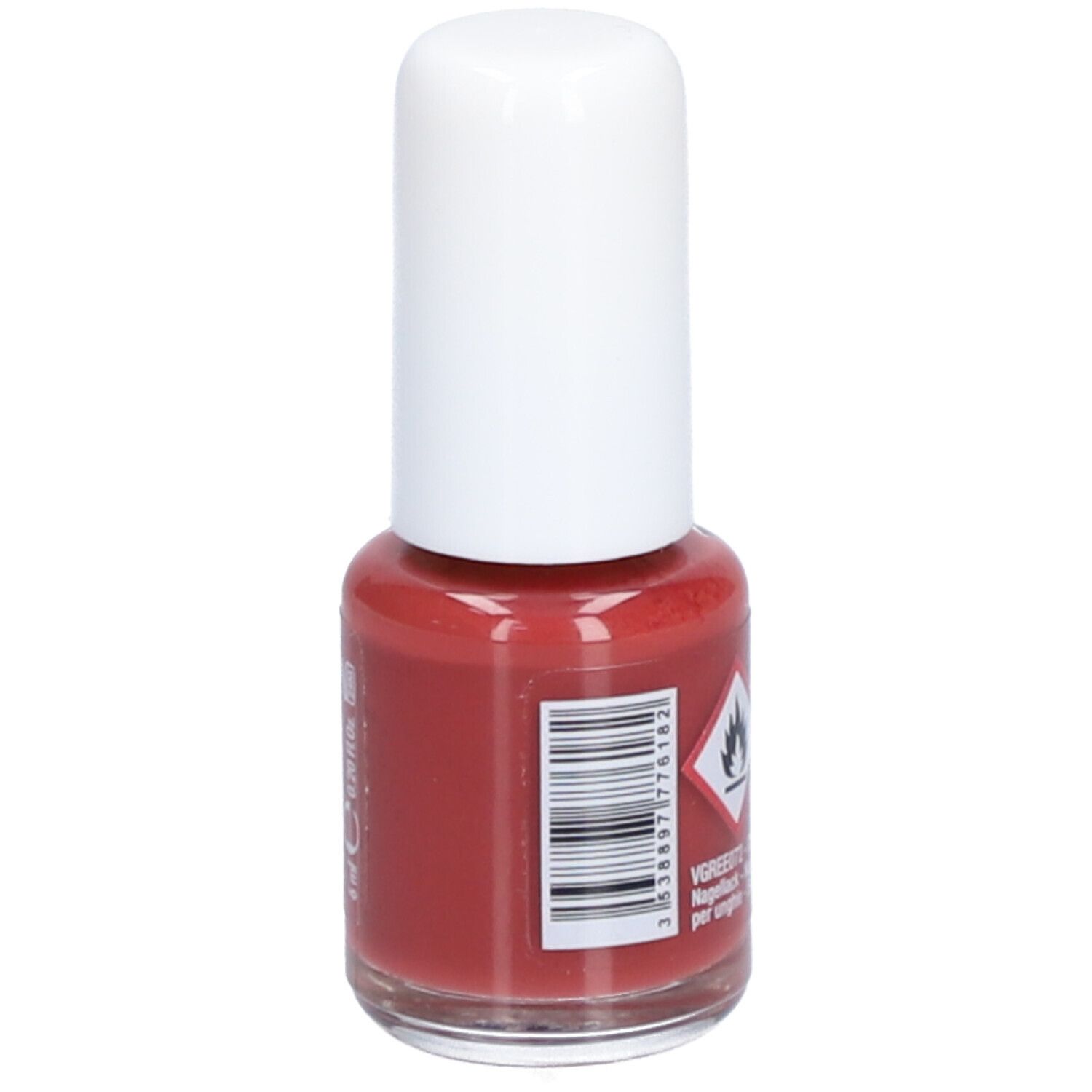 Nagellakflesje met witte dop. Rode nagellak. Streepjescode en gevaarsymbool op de achterkant.