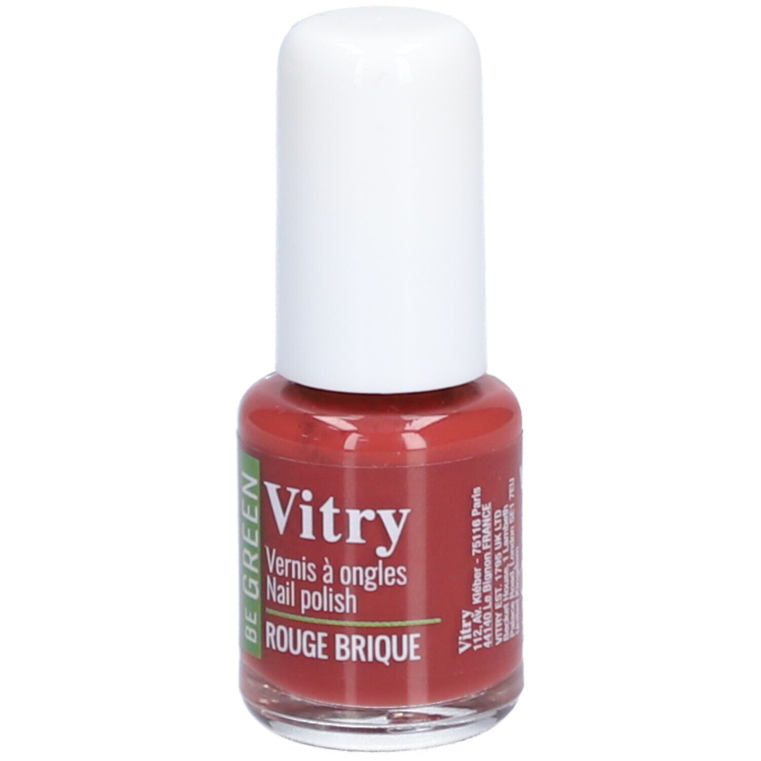 Nagellakflesje met witte dop. Opschrift: Vitry, BE GREEN, Rouge Brique. Rode nagellak.