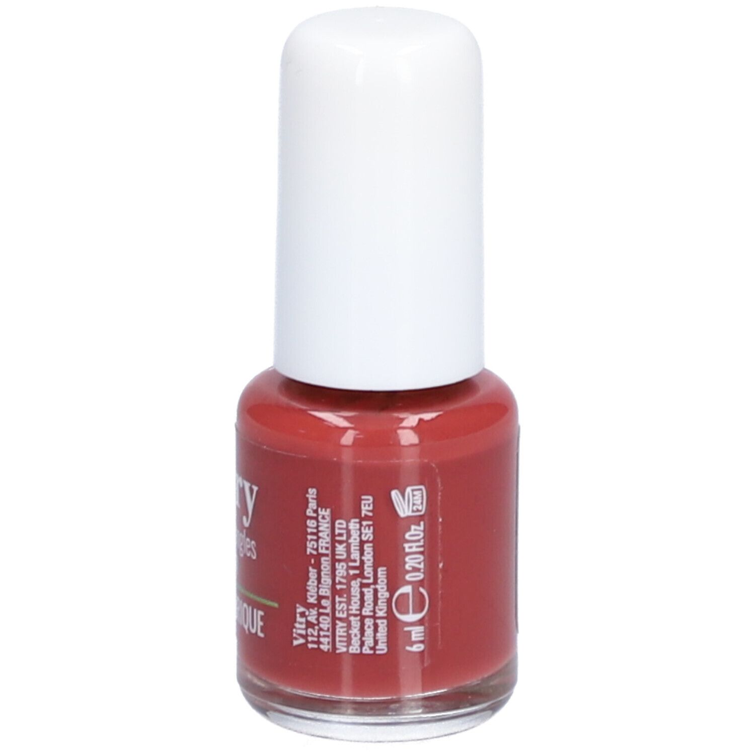 Nagellakflesje met witte dop. Rode nagellak. Opschrift: Vitry, 6 ml, 0.20 fl.oz.