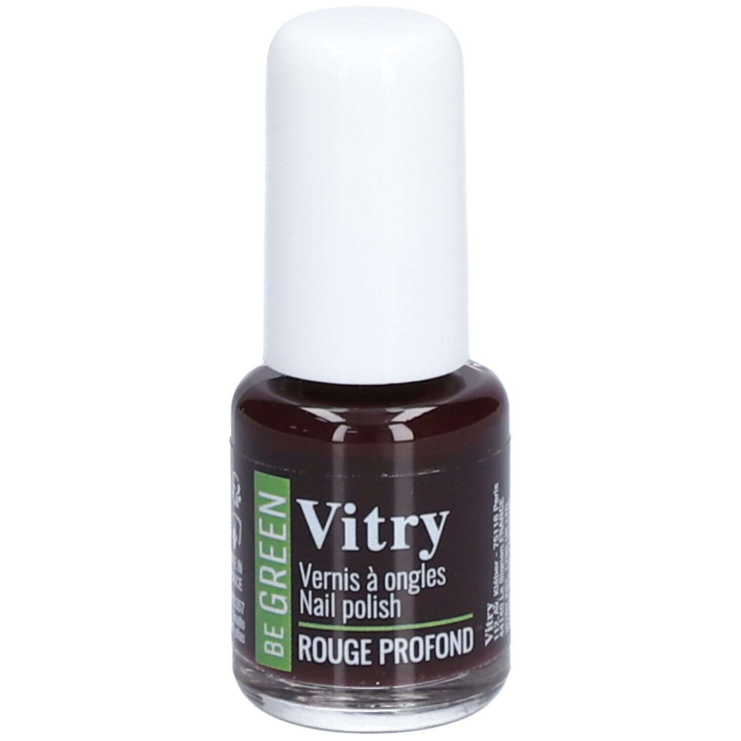 Flacon de vernis à ongles avec bouchon blanc. Inscription : Vitry, BE GREEN, Rouge Profond.