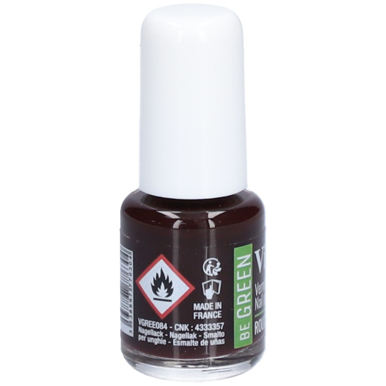 Flacon de vernis à ongles avec bouchon blanc. Inscription : Vitry, BE GREEN, Rouge Profond. Symbole de danger.