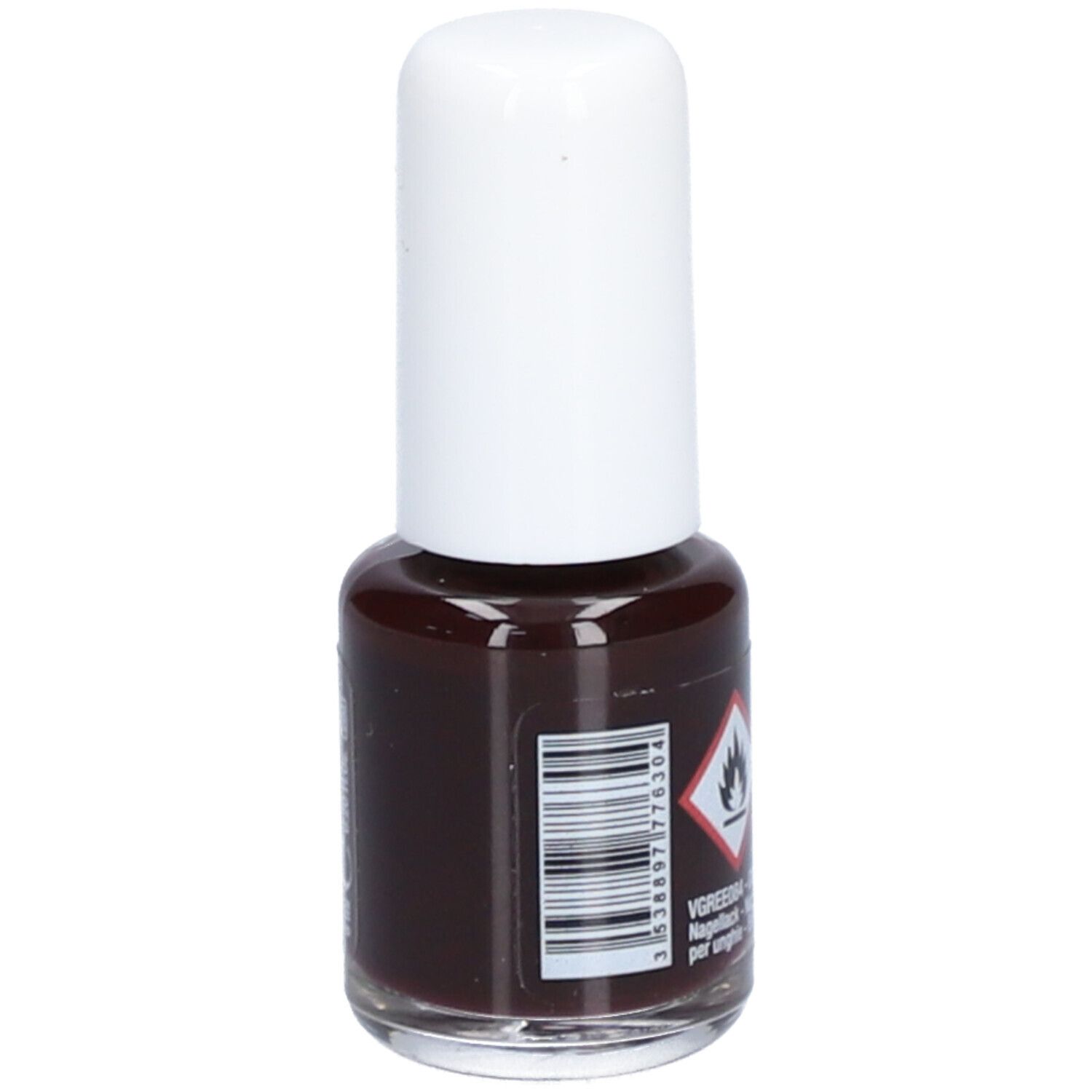 Flacon de vernis à ongles avec bouchon blanc. Dos avec symbole de danger et code-barres.