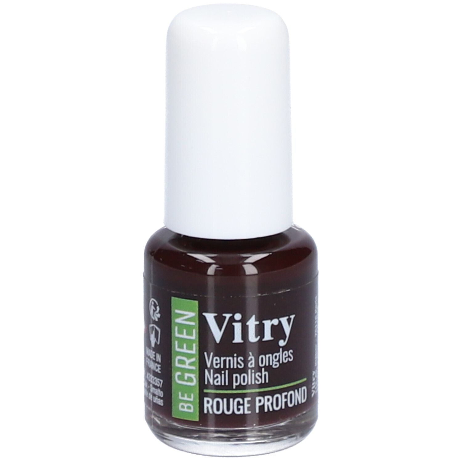 Flacon de vernis à ongles avec bouchon blanc. Inscription : Vitry, BE GREEN, Rouge Profond.