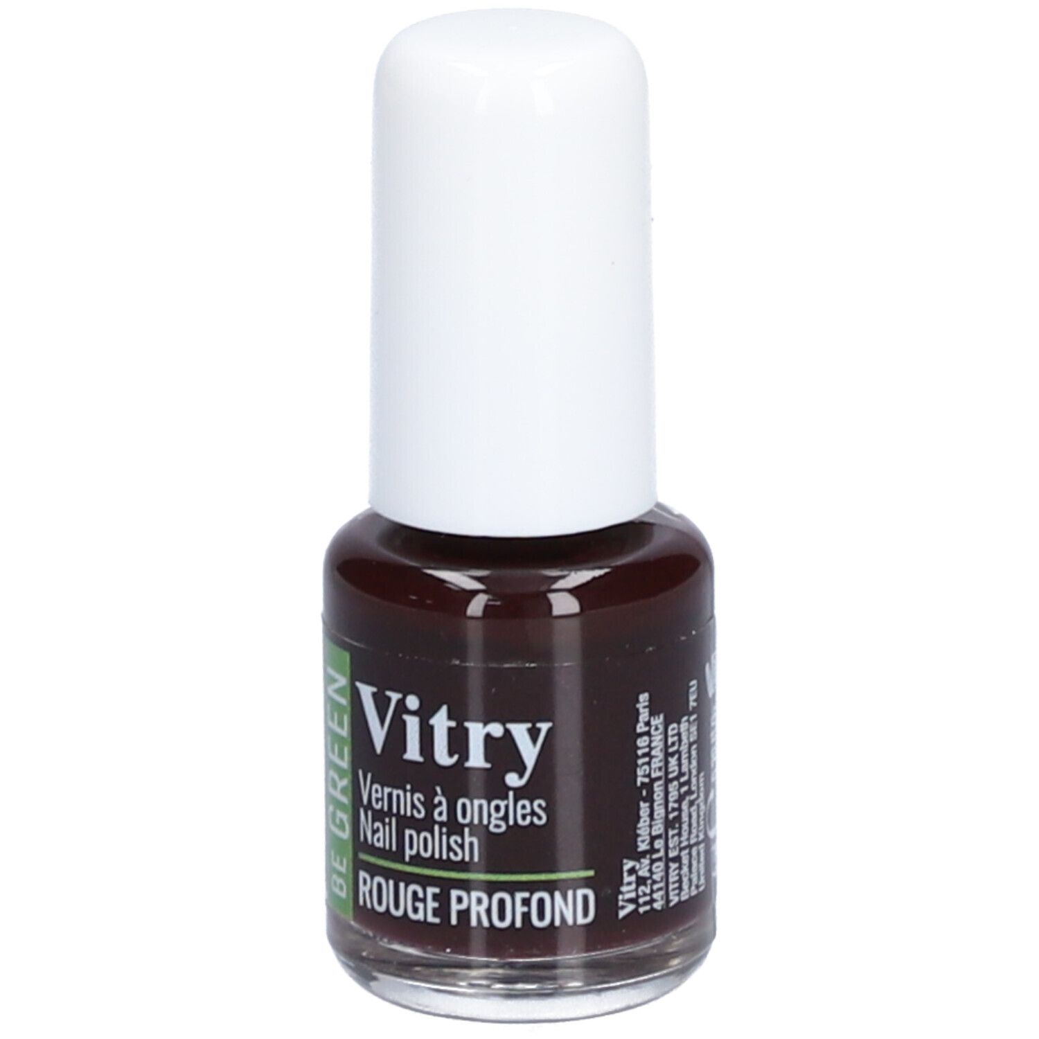 Flacon de vernis à ongles avec bouchon blanc. Inscription : Vitry, BE GREEN, Rouge Profond. Adresse du fabricant.
