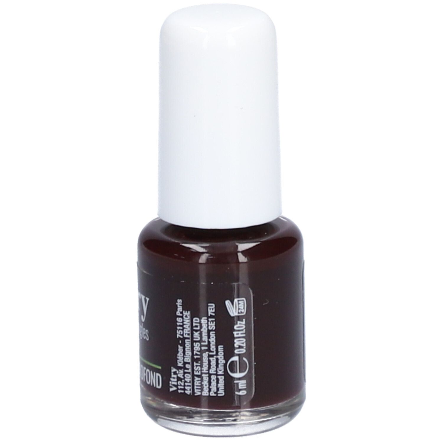 Flacon de vernis à ongles avec bouchon blanc. Inscription : Vitry, Rouge Profond, 6 ml.