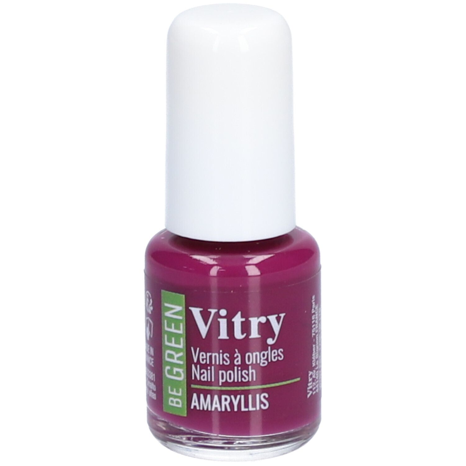 Flacon de vernis à ongles avec bouchon blanc. Inscription: Vitry, Vernis à ongles, Nail polish, AMARYLLIS. Couleur: Rouge foncé.