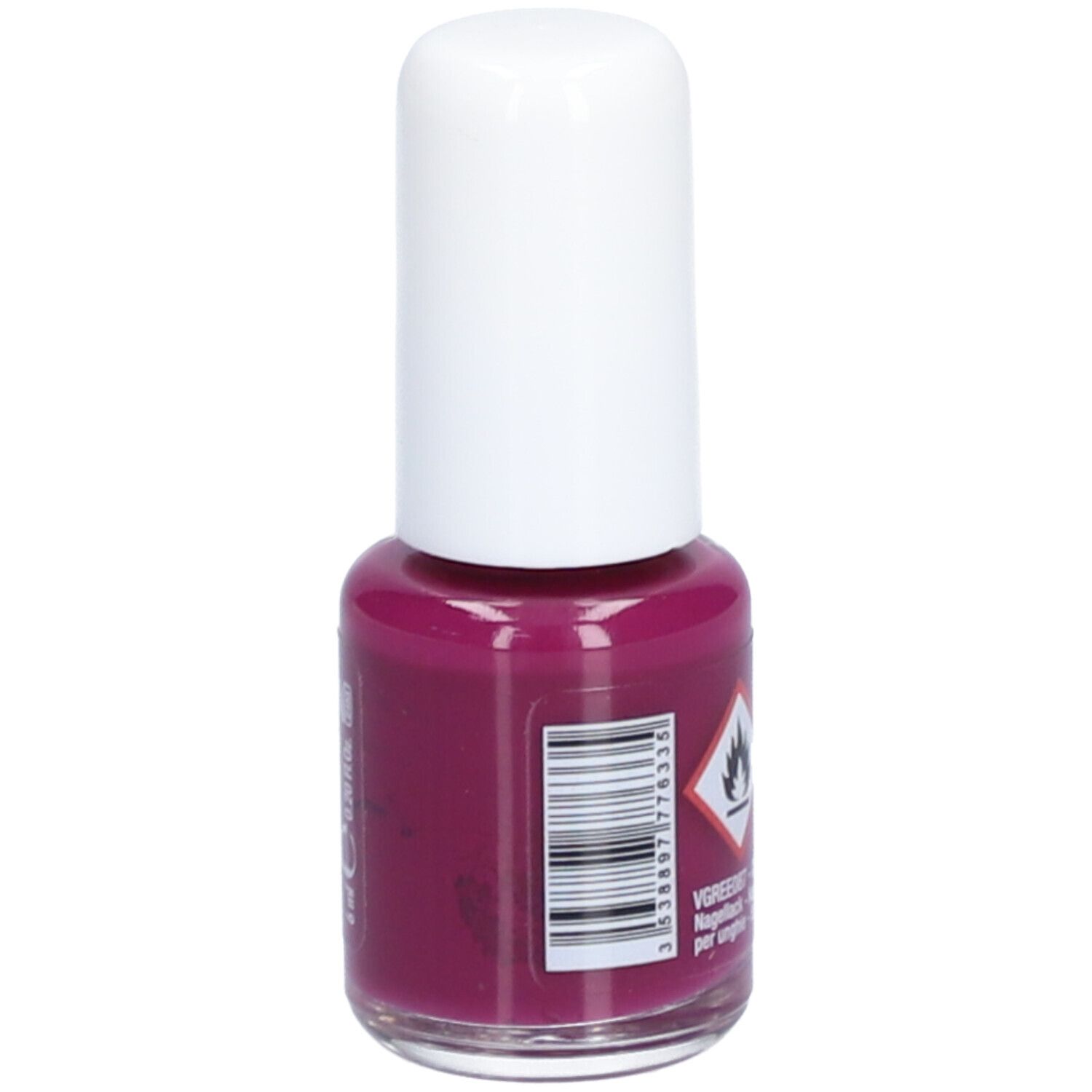 Flacon de vernis à ongles avec bouchon blanc. Code-barres et symbole de danger. Inscription: Ingrédients, vernis à ongles, smalto per unghie, esmalte de uñas.