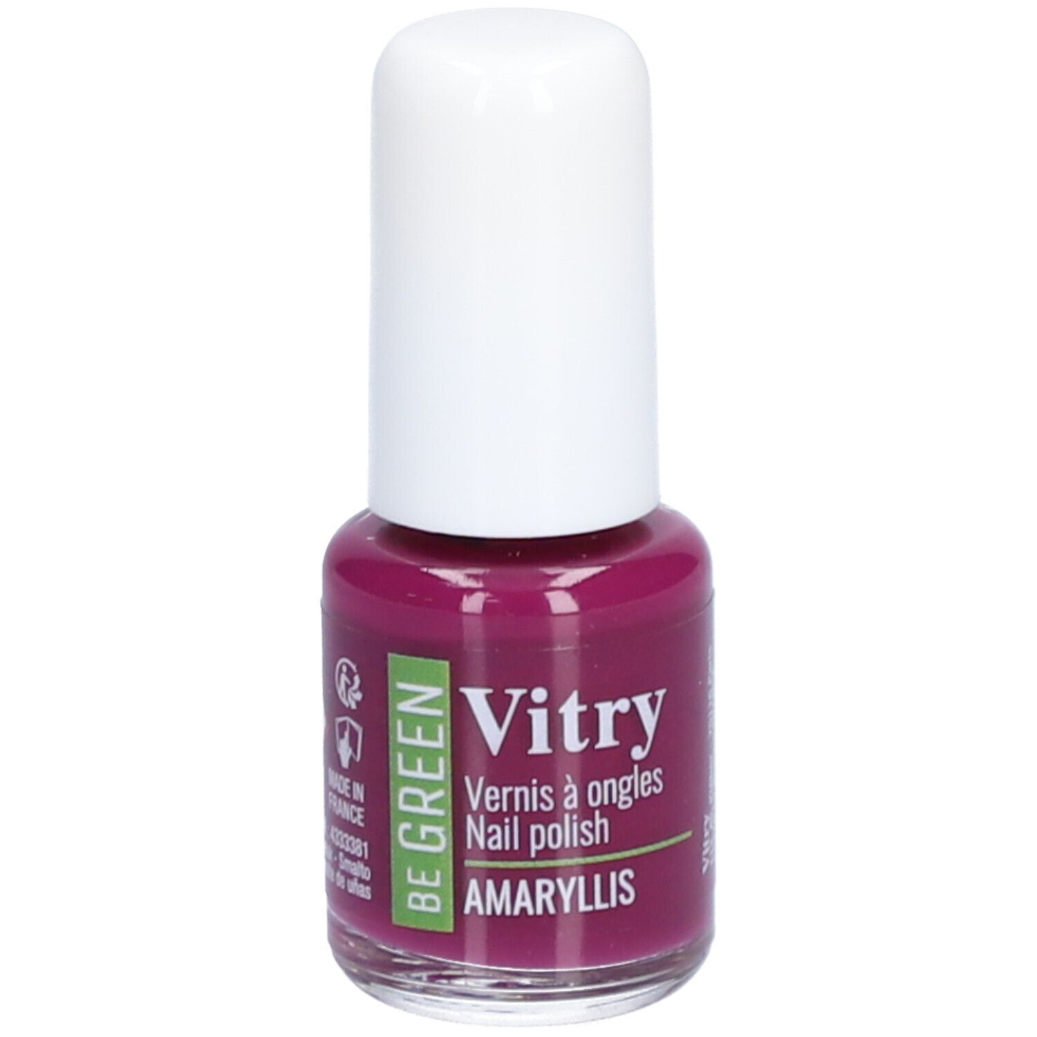 Flacon de vernis à ongles avec bouchon blanc. Inscription: Vitry, Vernis à ongles, Nail polish, AMARYLLIS. Logo vert: BE GREEN.